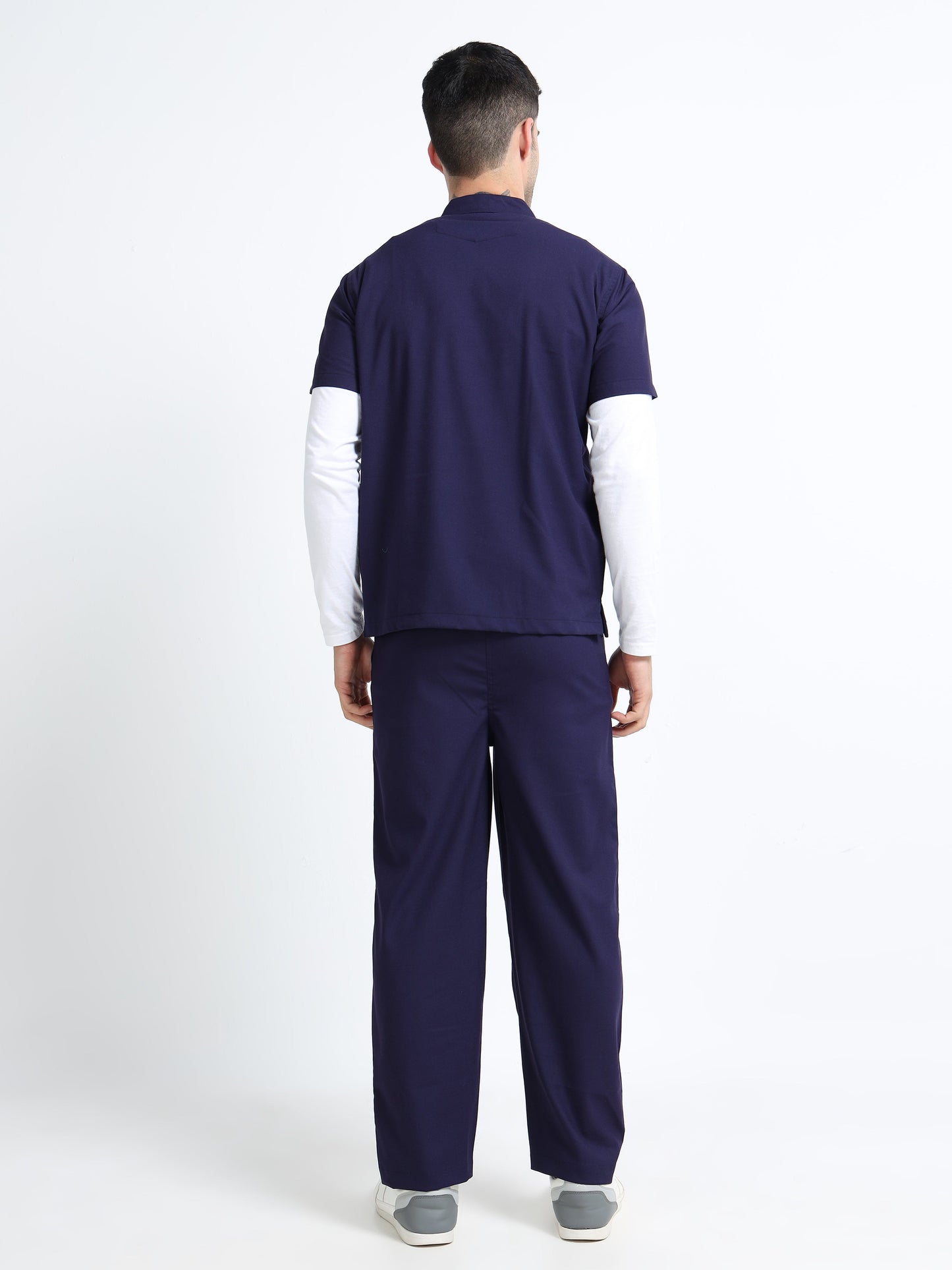 Men’s Navy Medical Scrub Set – Mandarin Collar (Chinese Collar) Top & Straight Pants | Wrinkle-Resistant – Eco Flex
