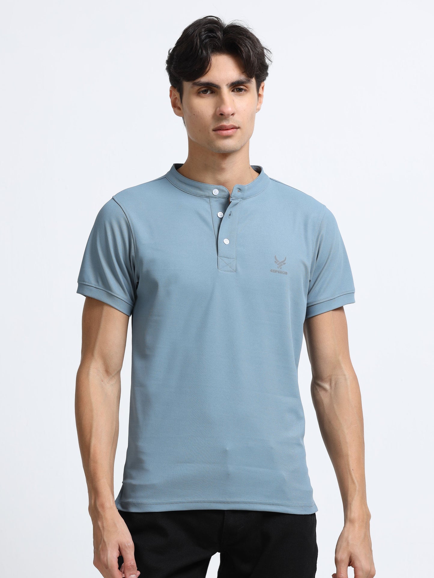 Men’s Army Blue Premium Mandarin Collar Polo T-Shirt – Soft Breathable Polyester, Modern Henley Style, Everyday Comfort Wear