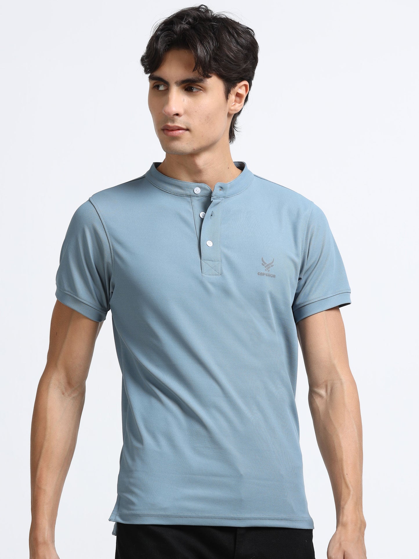 Men’s Army Blue Premium Mandarin Collar Polo T-Shirt – Soft Breathable Polyester, Modern Henley Style, Everyday Comfort Wear