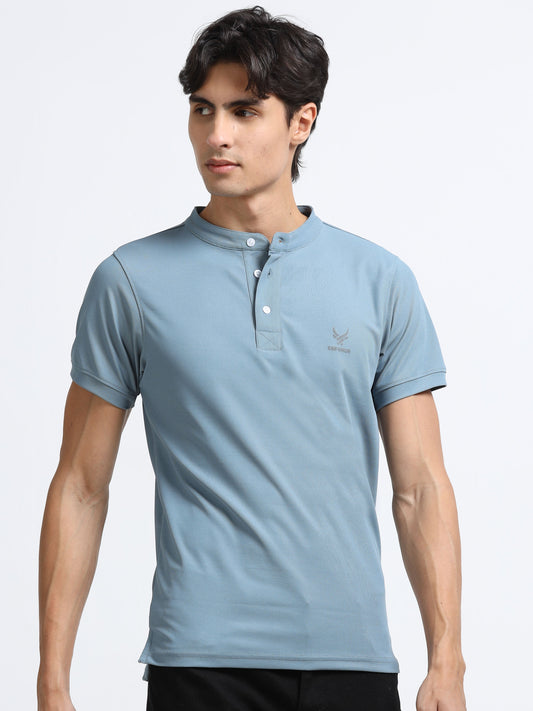 Men’s Army Blue Premium Mandarin Collar Polo T-Shirt – Soft Breathable Polyester, Modern Henley Style, Everyday Comfort Wear