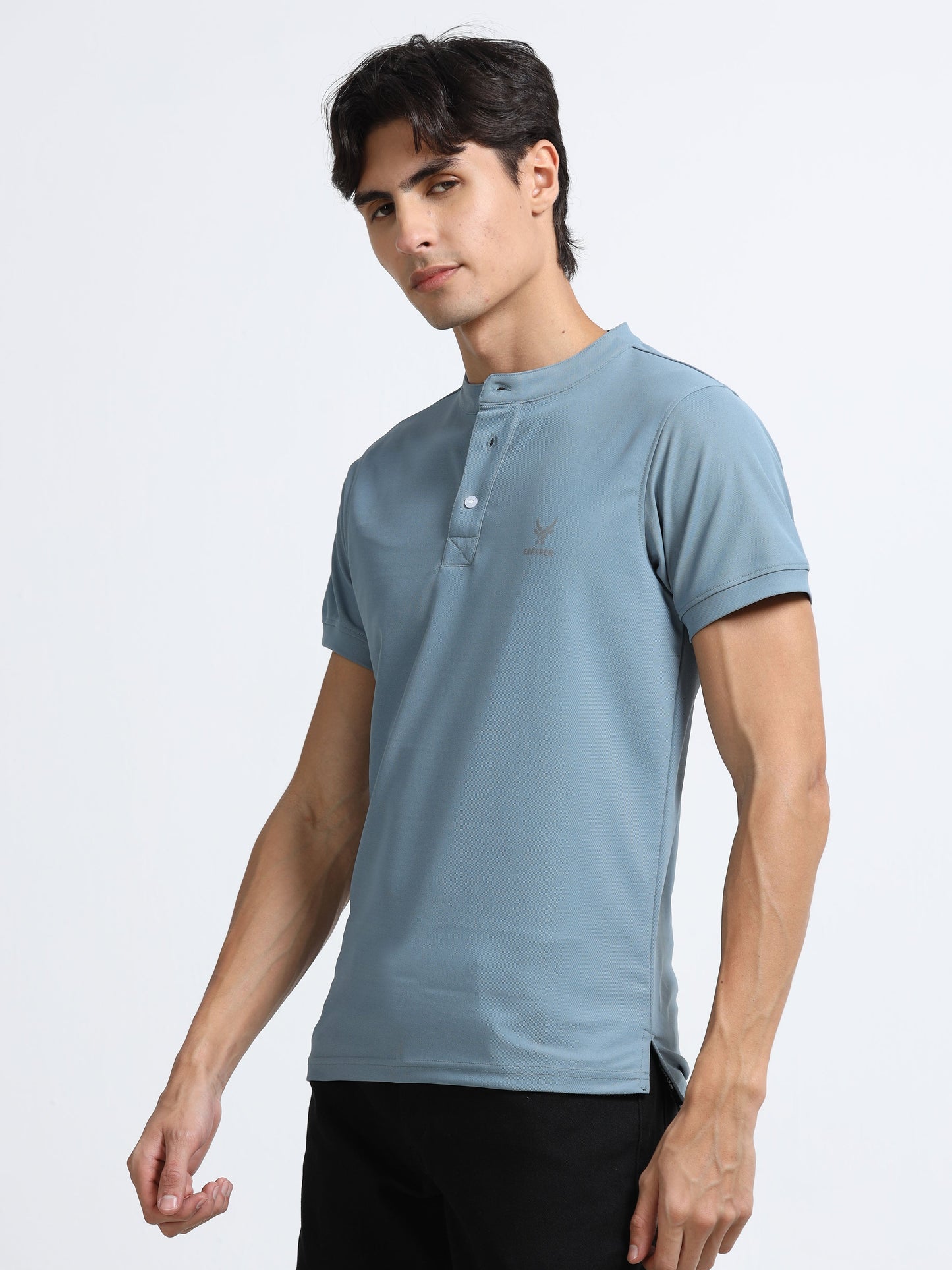 Men’s Army Blue Premium Mandarin Collar Polo T-Shirt – Soft Breathable Polyester, Modern Henley Style, Everyday Comfort Wear