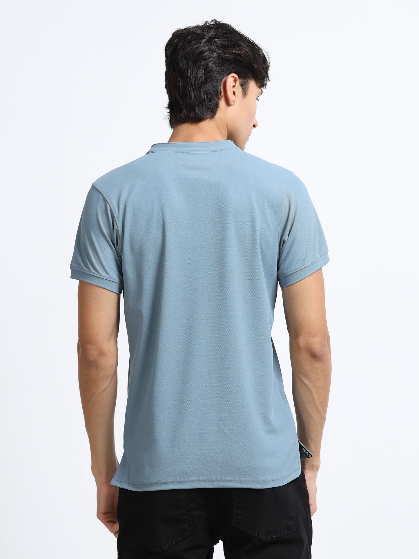 Men’s Army Blue Premium Mandarin Collar Polo T-Shirt – Soft Breathable Polyester, Modern Henley Style, Everyday Comfort Wear