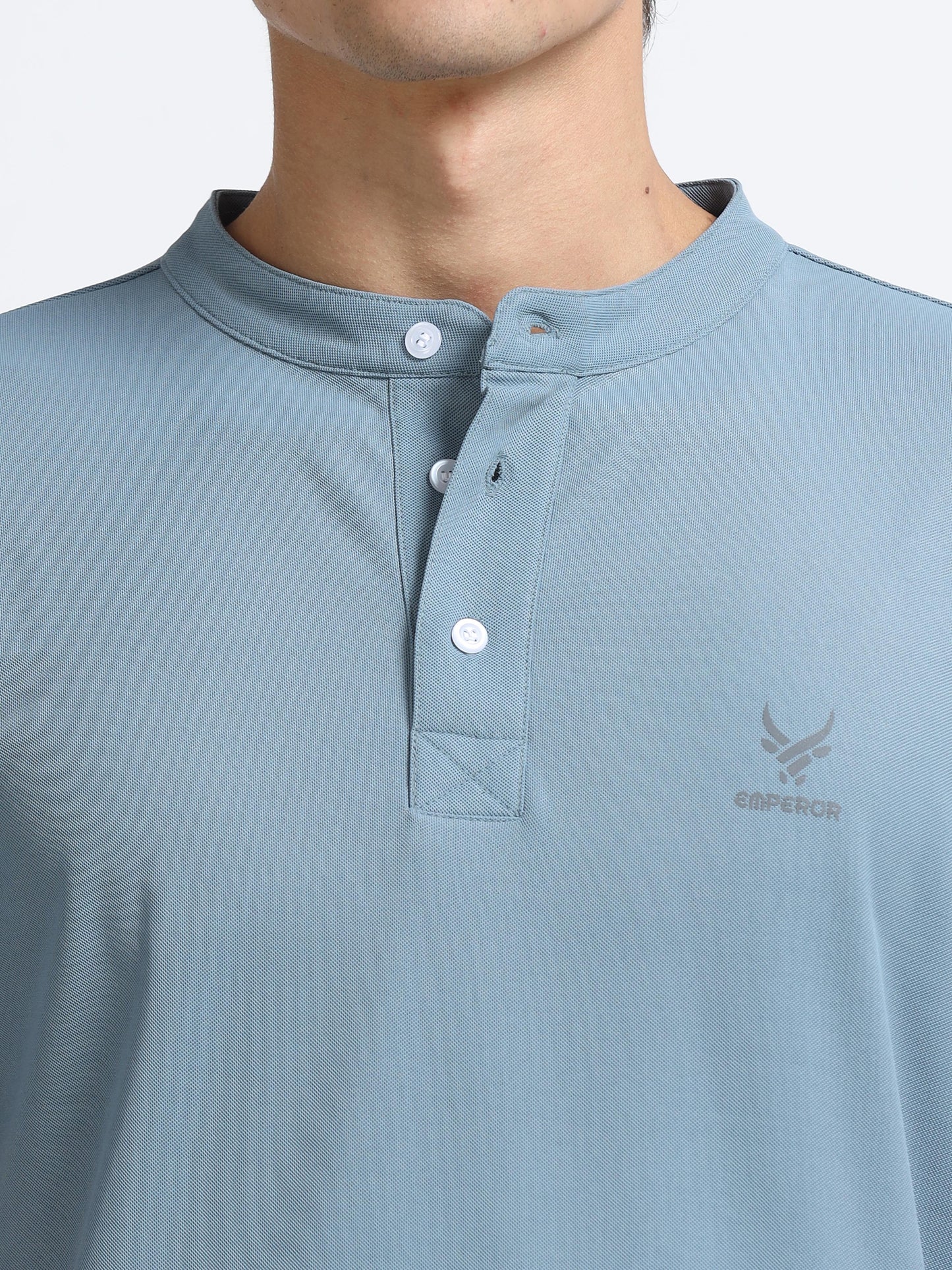 Men’s Army Blue Premium Mandarin Collar Polo T-Shirt – Soft Breathable Polyester, Modern Henley Style, Everyday Comfort Wear