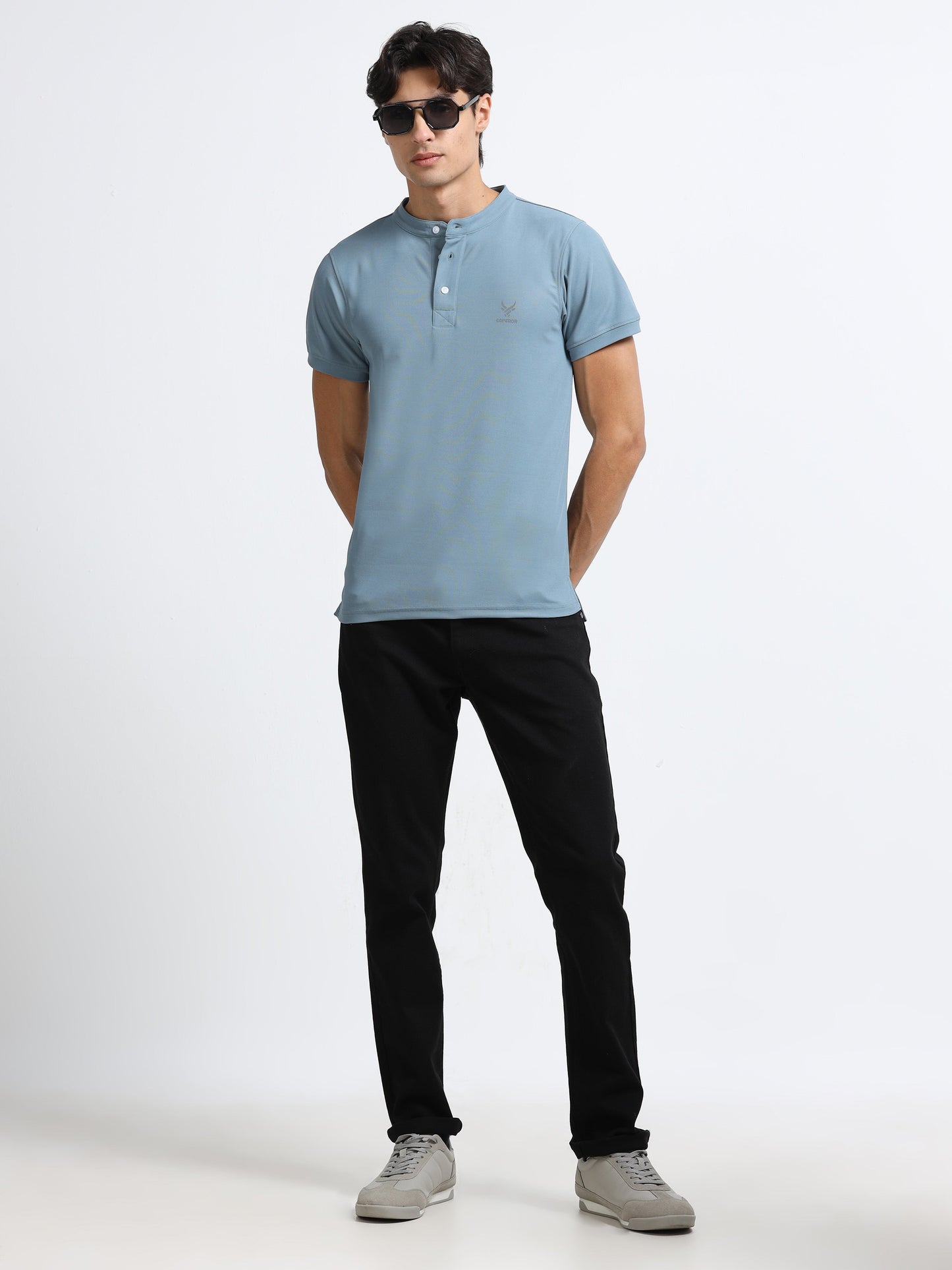 Men’s Army Blue Premium Mandarin Collar Polo T-Shirt – Soft Breathable Polyester, Modern Henley Style, Everyday Comfort Wear