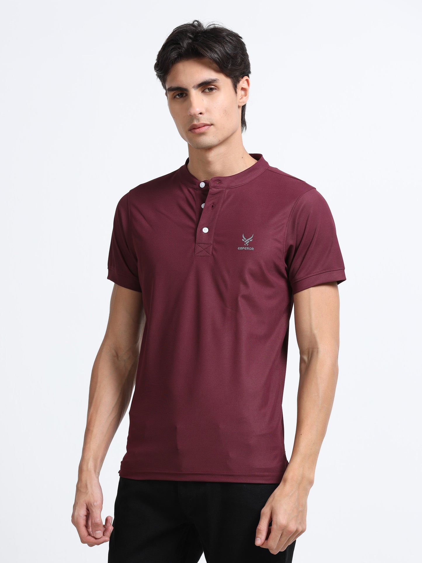 Men’s Maroon Premium Mandarin Collar Polo T-Shirt – Soft Breathable Polyester, Modern Henley Style, Everyday Comfort Wear