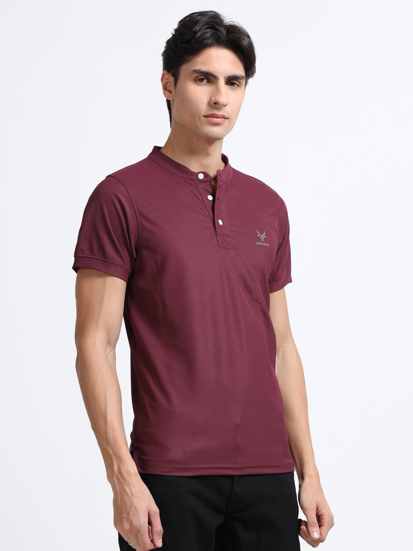 Men’s Maroon Premium Mandarin Collar Polo T-Shirt – Soft Breathable Polyester, Modern Henley Style, Everyday Comfort Wear