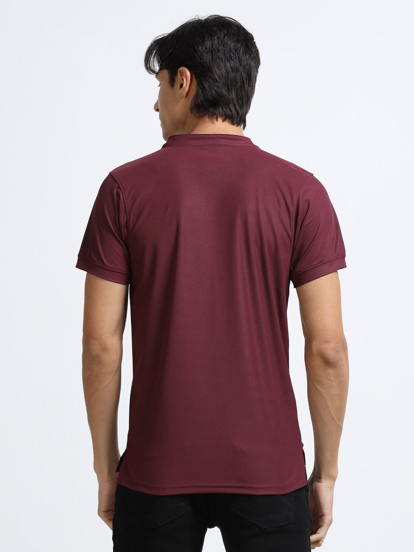 Men’s Maroon Premium Mandarin Collar Polo T-Shirt – Soft Breathable Polyester, Modern Henley Style, Everyday Comfort Wear