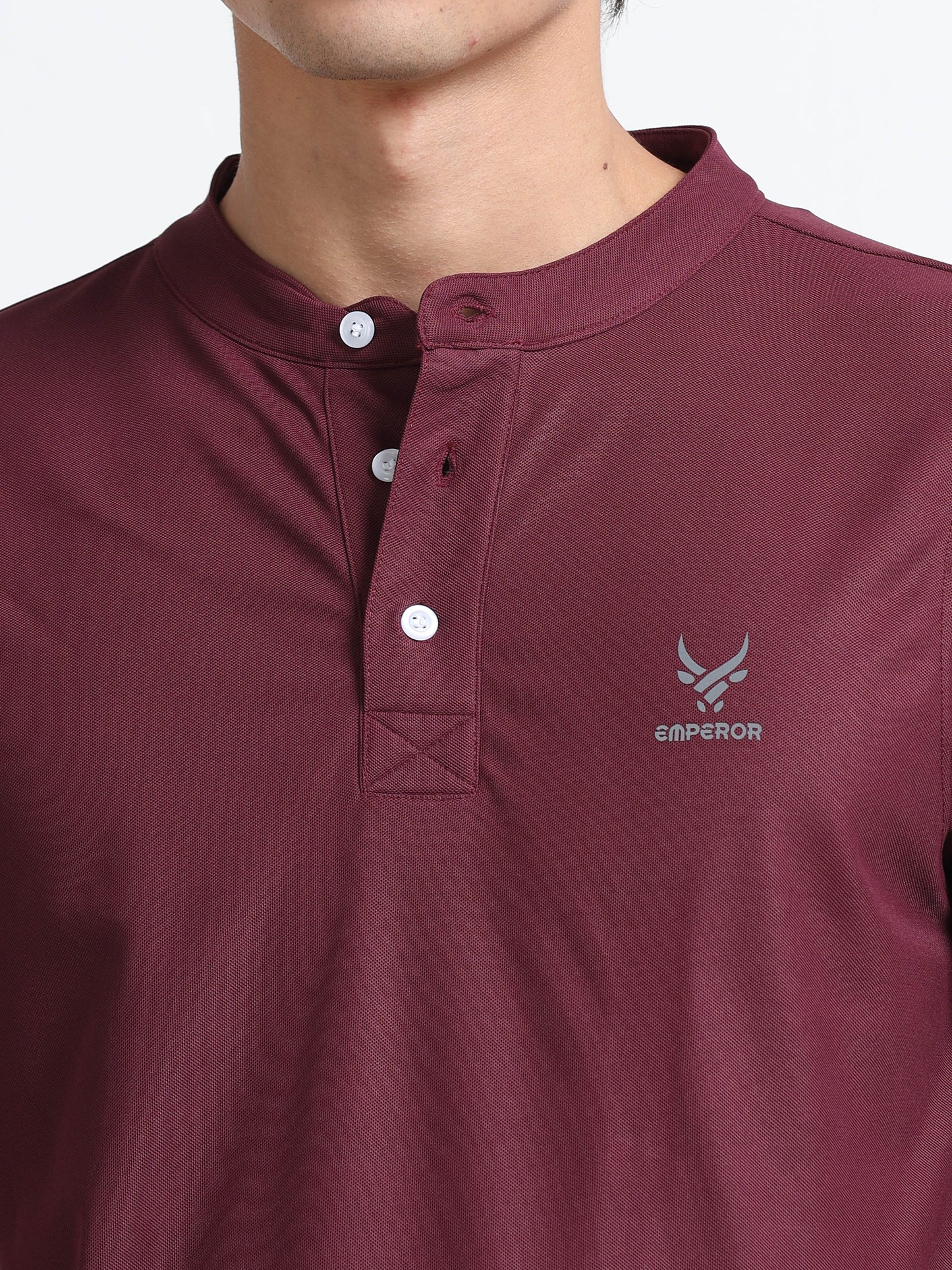 Men’s Maroon Premium Mandarin Collar Polo T-Shirt – Soft Breathable Polyester, Modern Henley Style, Everyday Comfort Wear