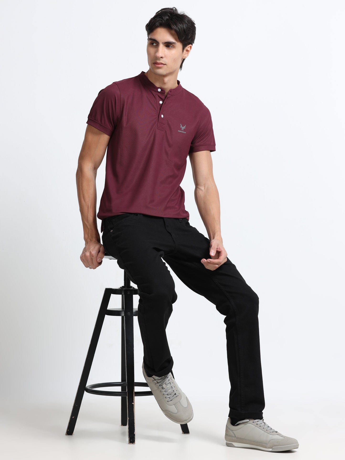 Men’s Maroon Premium Mandarin Collar Polo T-Shirt – Soft Breathable Polyester, Modern Henley Style, Everyday Comfort Wear