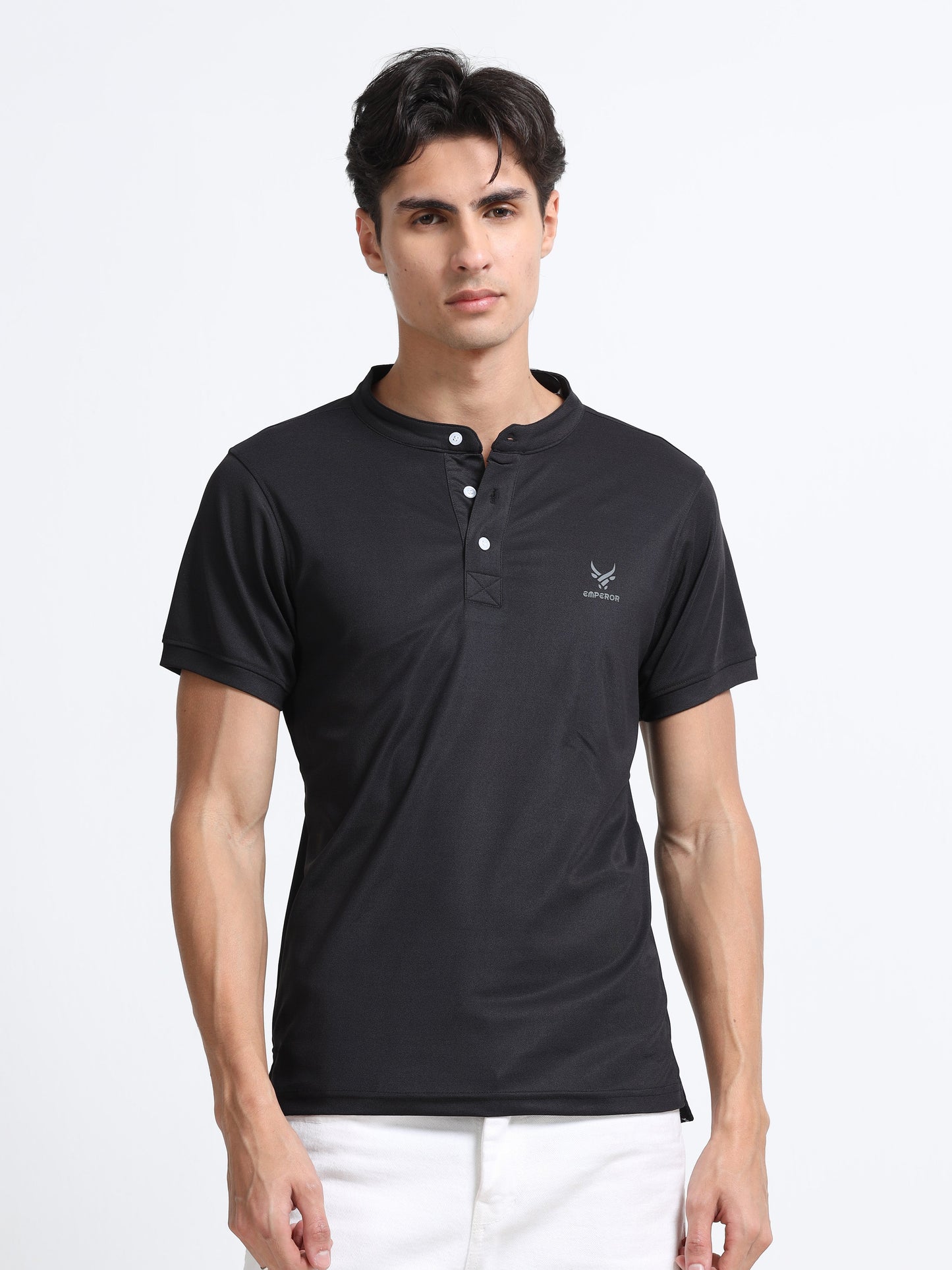 Men’s Black Premium Mandarin Collar Polo T-Shirt – Soft Breathable Polyester, Modern Henley Style, Everyday Comfort Wear