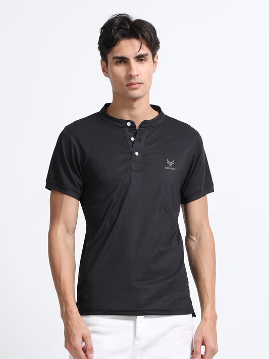 Men’s Black Premium Mandarin Collar Polo T-Shirt – Soft Breathable Polyester, Modern Henley Style, Everyday Comfort Wear