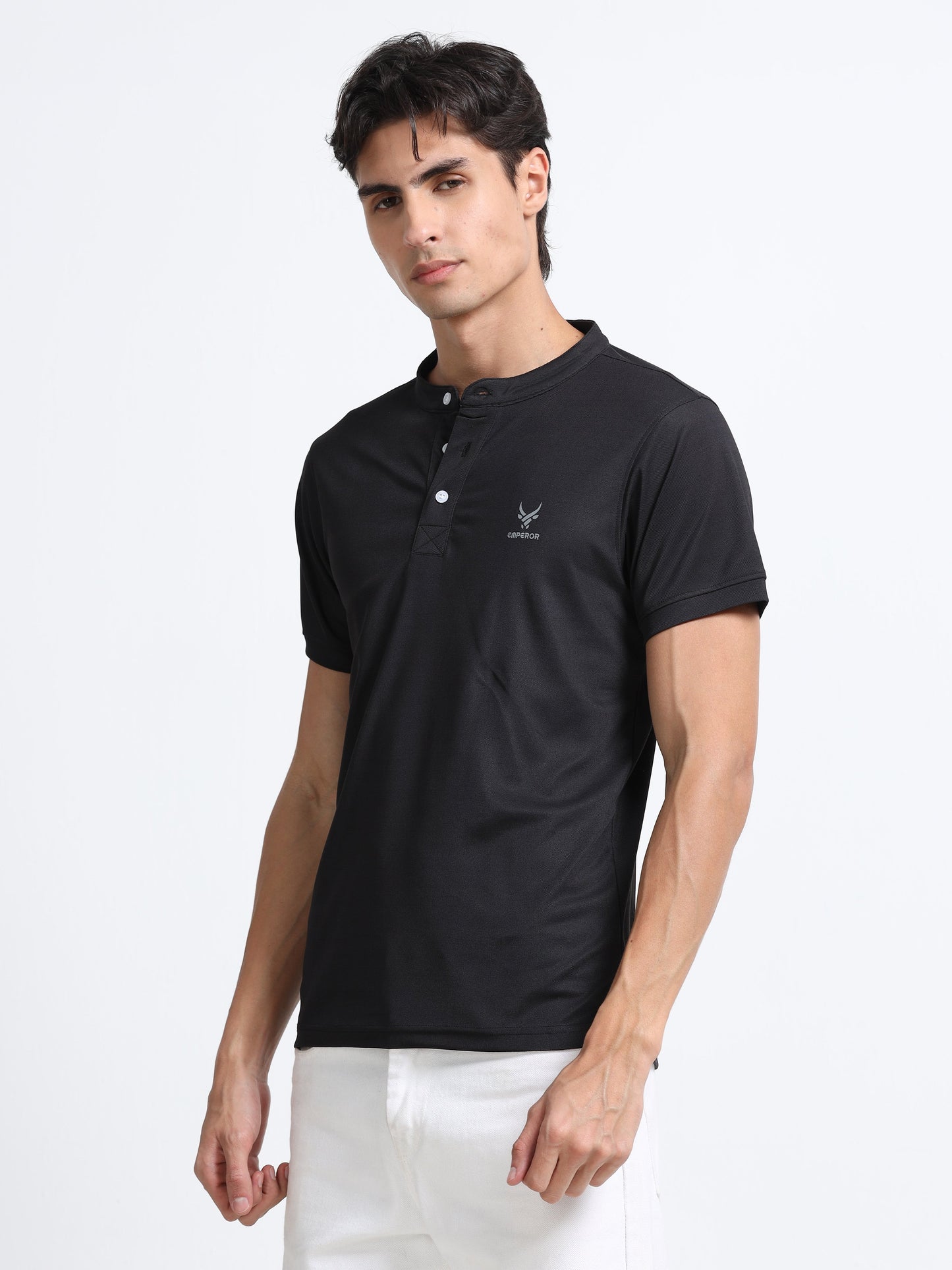 Men’s Black Premium Mandarin Collar Polo T-Shirt – Soft Breathable Polyester, Modern Henley Style, Everyday Comfort Wear