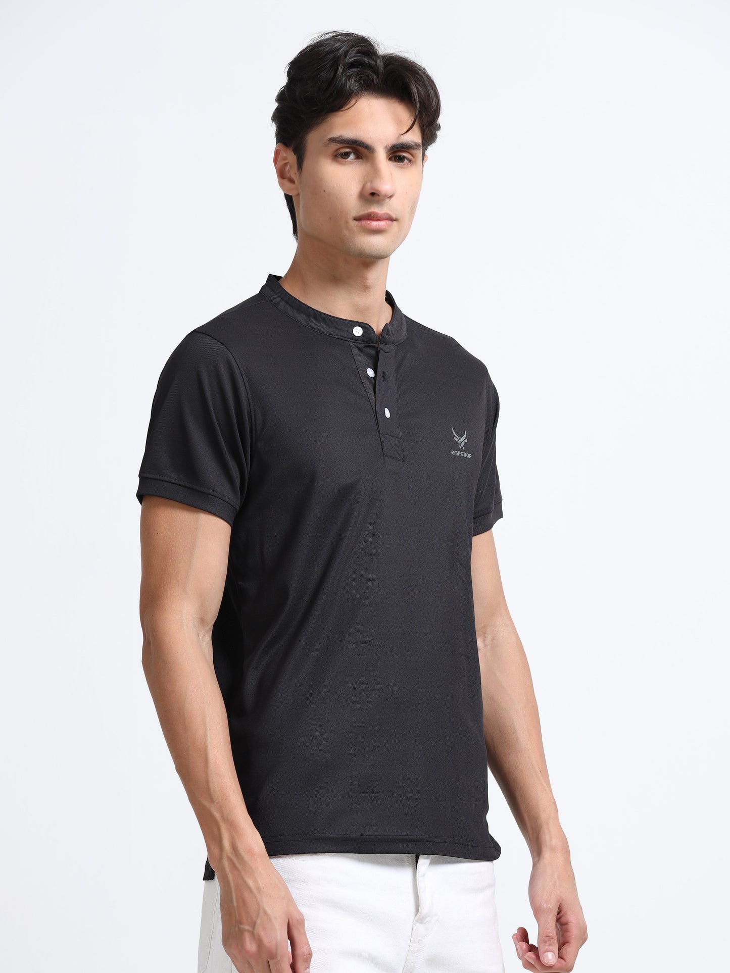 Men’s Black Premium Mandarin Collar Polo T-Shirt – Soft Breathable Polyester, Modern Henley Style, Everyday Comfort Wear