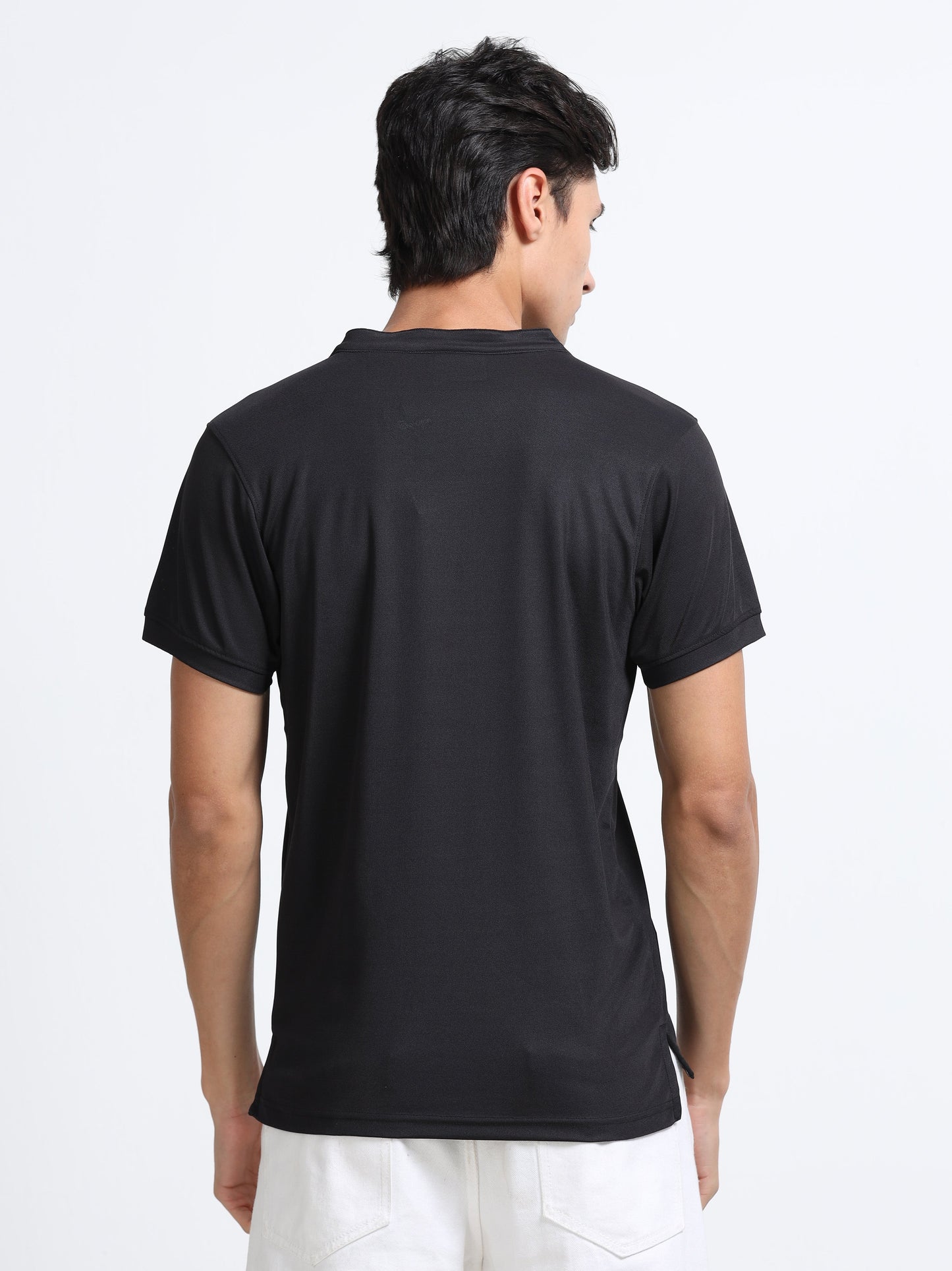 Men’s Black Premium Mandarin Collar Polo T-Shirt – Soft Breathable Polyester, Modern Henley Style, Everyday Comfort Wear