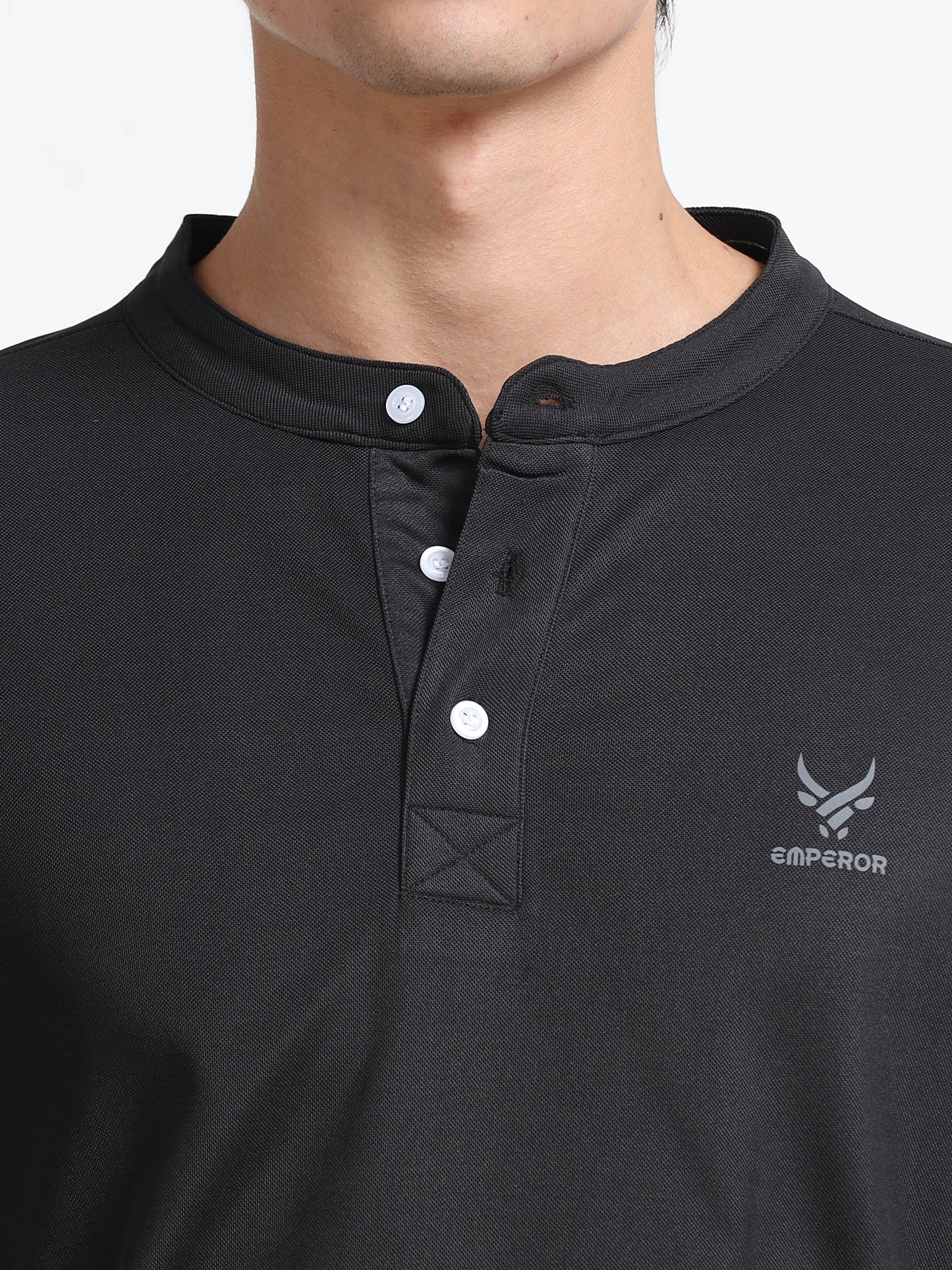 Men’s Black Premium Mandarin Collar Polo T-Shirt – Soft Breathable Polyester, Modern Henley Style, Everyday Comfort Wear