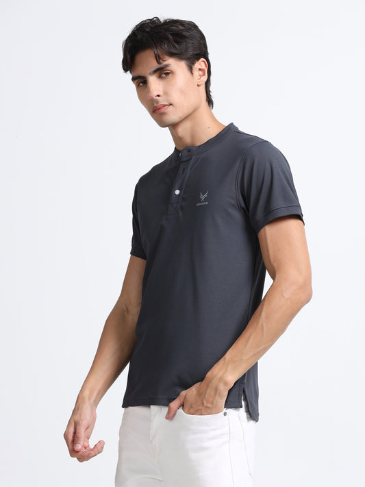 Men’s Grey Premium Mandarin Collar Polo T-Shirt – Soft Breathable Polyester, Modern Henley Style, Everyday Comfort Wear