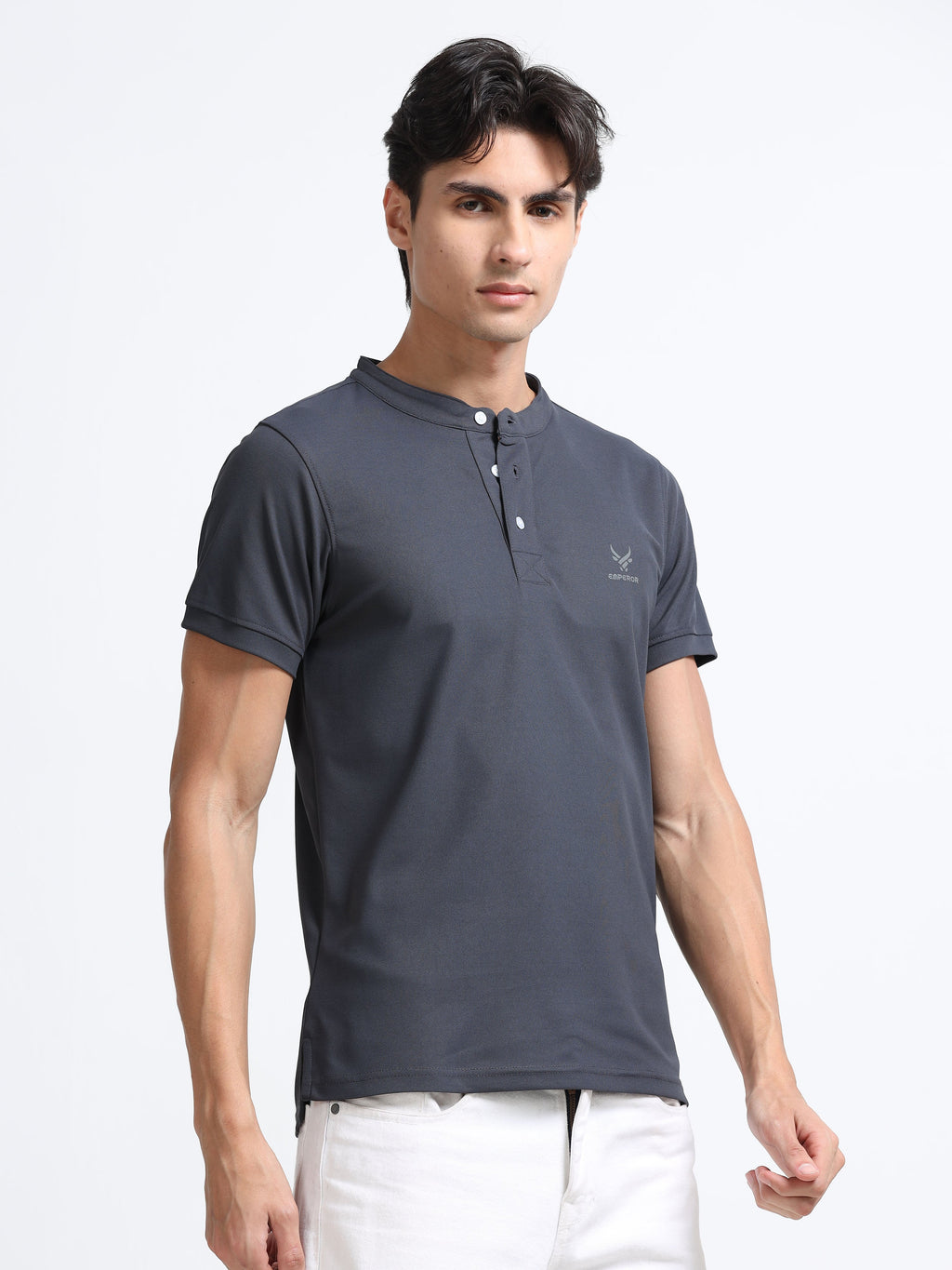 Men’s Grey Premium Mandarin Collar Polo T-Shirt – Soft Breathable Polyester, Modern Henley Style, Everyday Comfort Wear
