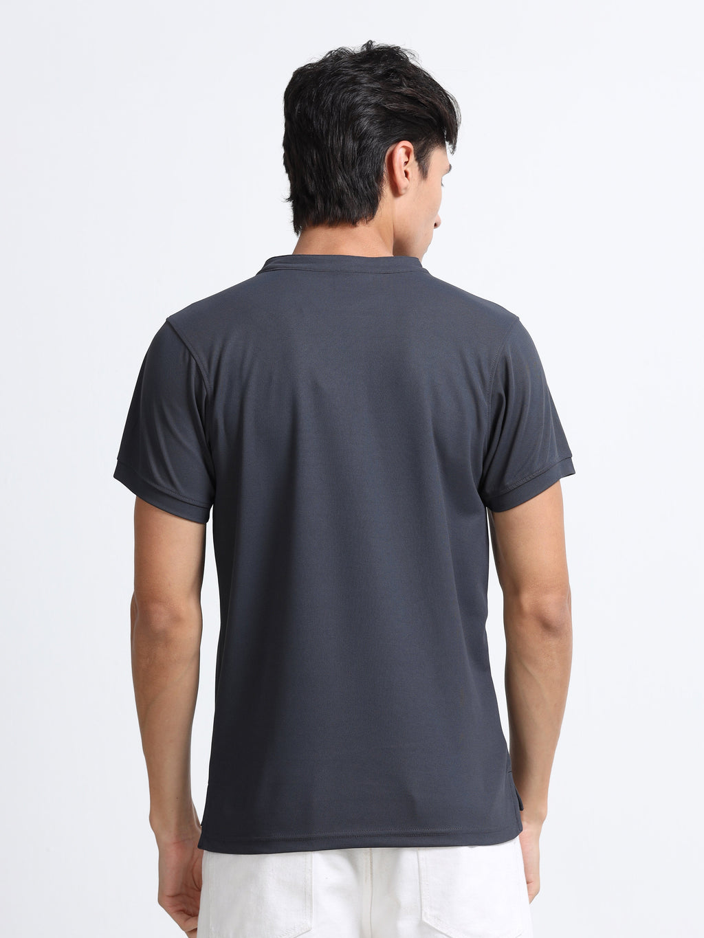 Men’s Grey Premium Mandarin Collar Polo T-Shirt – Soft Breathable Polyester, Modern Henley Style, Everyday Comfort Wear