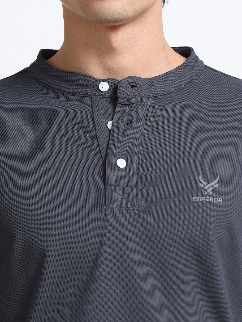 Men’s Grey Premium Mandarin Collar Polo T-Shirt – Soft Breathable Polyester, Modern Henley Style, Everyday Comfort Wear