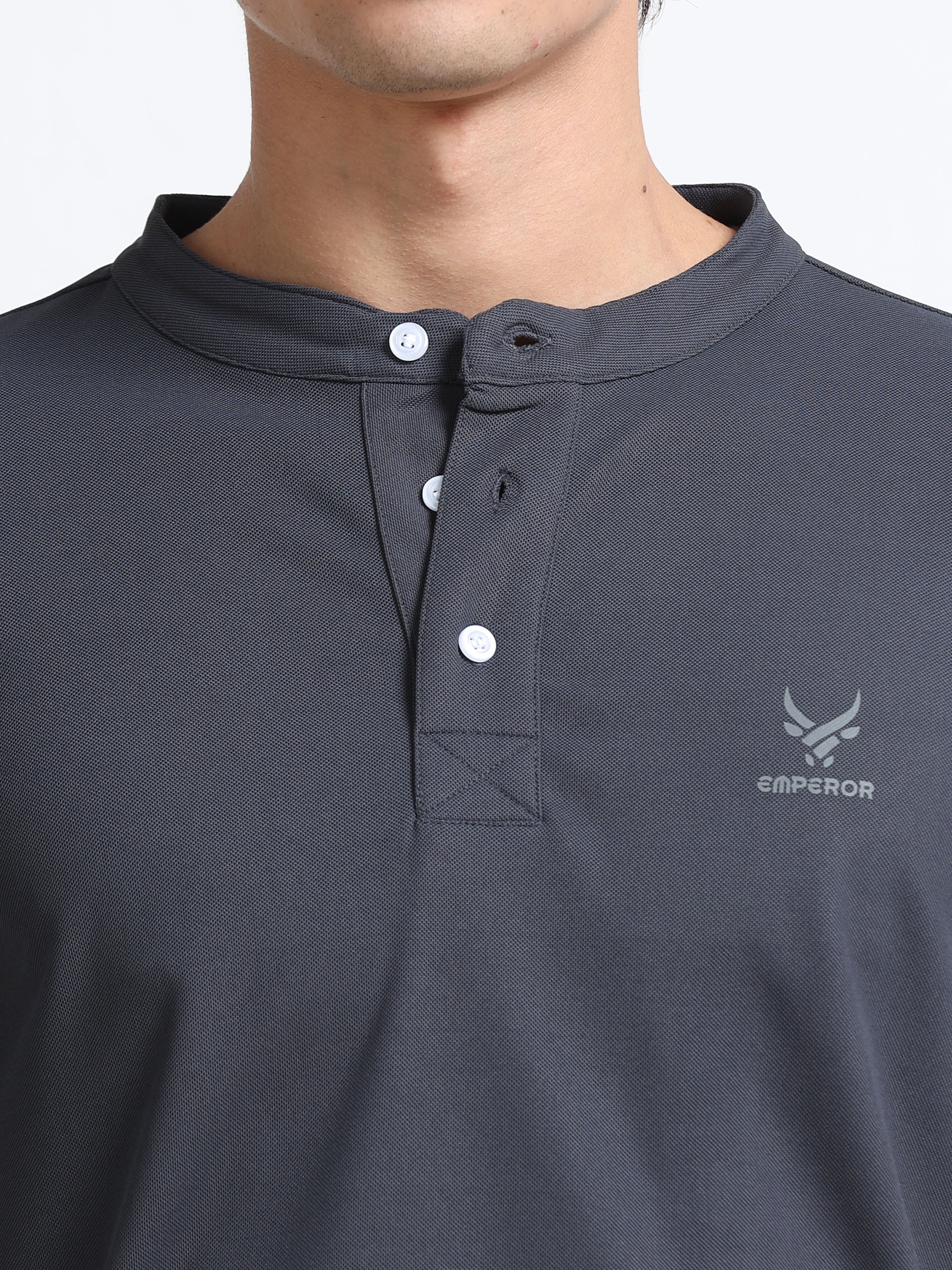 Men’s Grey Premium Mandarin Collar Polo T-Shirt – Soft Breathable Polyester, Modern Henley Style, Everyday Comfort Wear