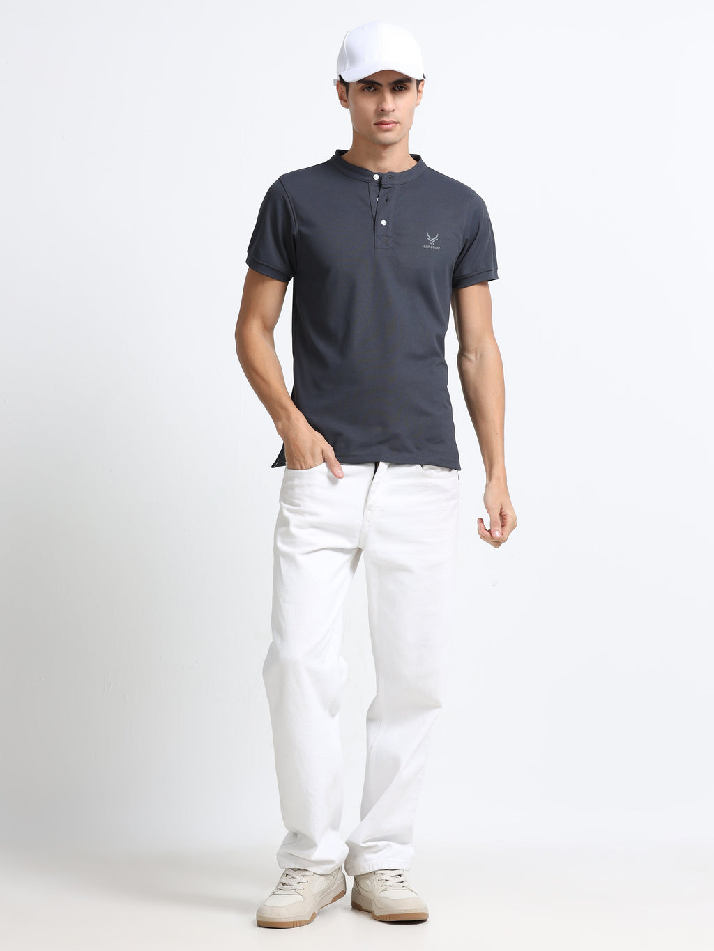 Men’s Grey Premium Mandarin Collar Polo T-Shirt – Soft Breathable Polyester, Modern Henley Style, Everyday Comfort Wear
