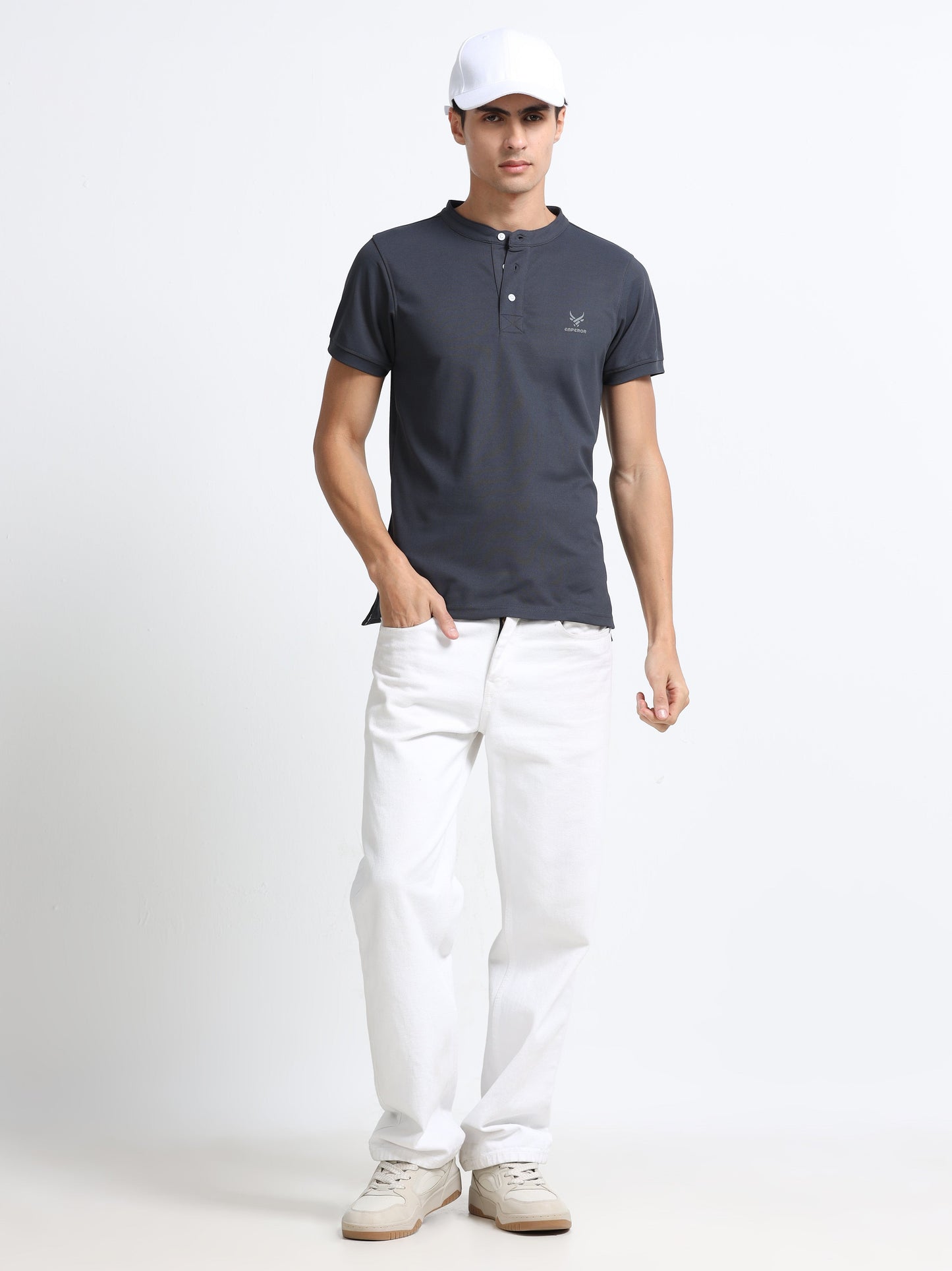 Men’s Grey Premium Mandarin Collar Polo T-Shirt – Soft Breathable Polyester, Modern Henley Style, Everyday Comfort Wear
