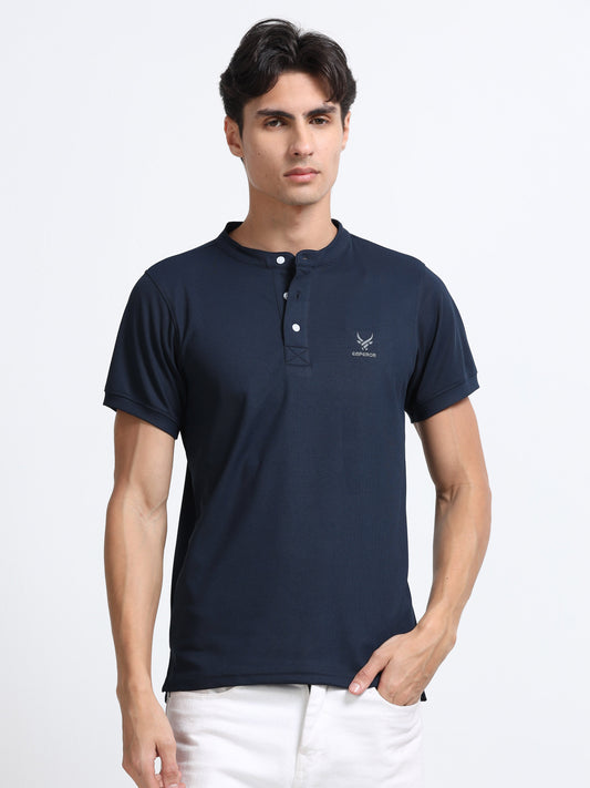 Men’s Navy Premium Mandarin Collar Polo T-Shirt – Soft Breathable Polyester, Modern Henley Style, Everyday Comfort Wear