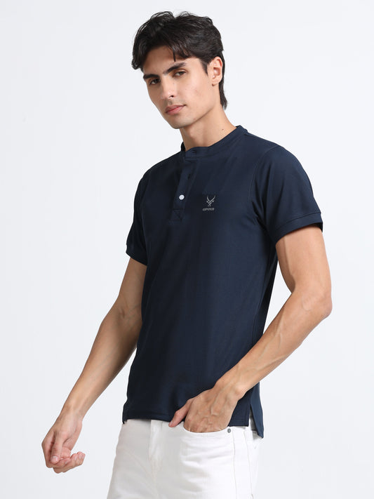 Men’s Navy Premium Mandarin Collar Polo T-Shirt – Soft Breathable Polyester, Modern Henley Style, Everyday Comfort Wear