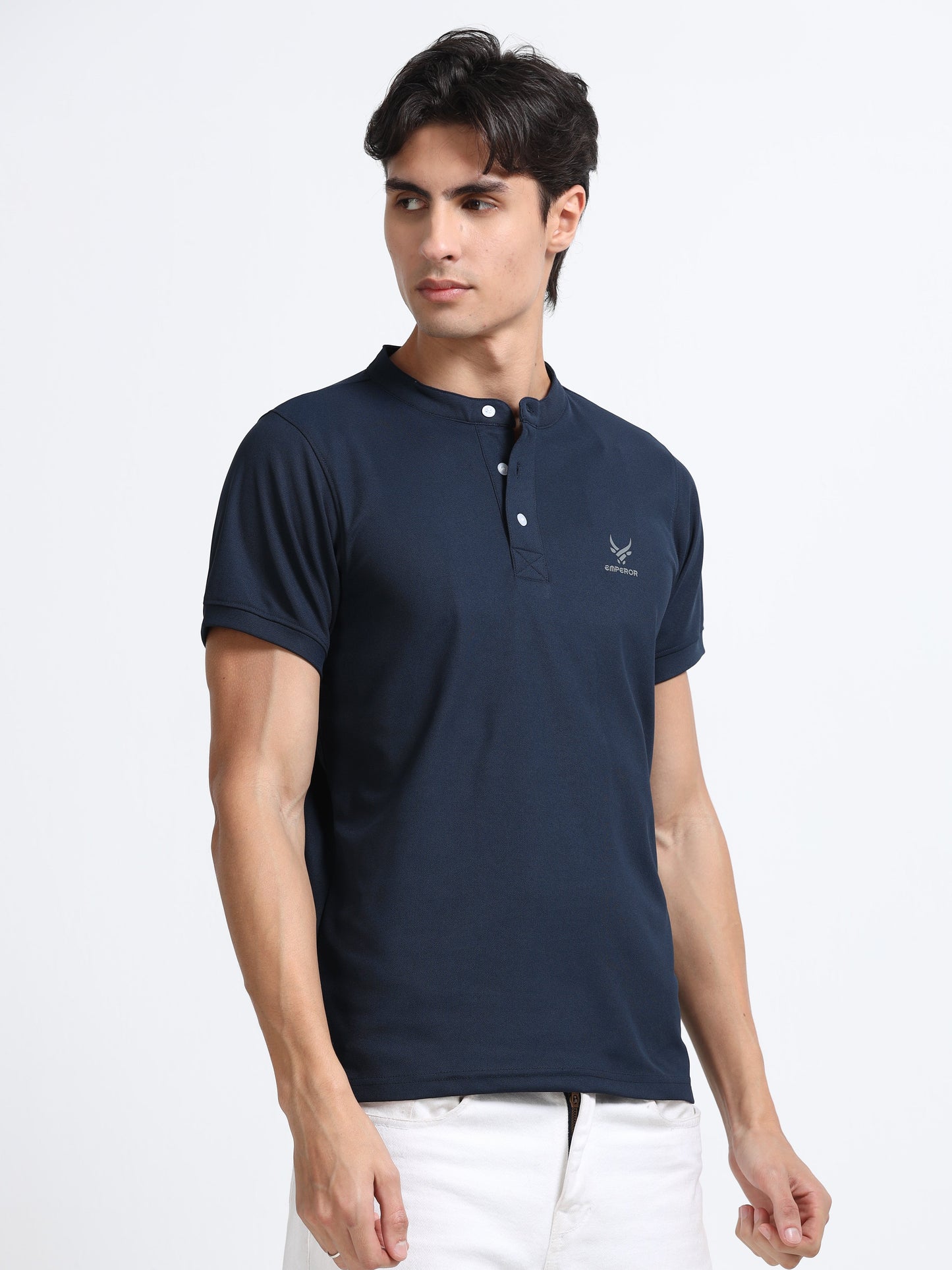 Men’s Navy Premium Mandarin Collar Polo T-Shirt – Soft Breathable Polyester, Modern Henley Style, Everyday Comfort Wear