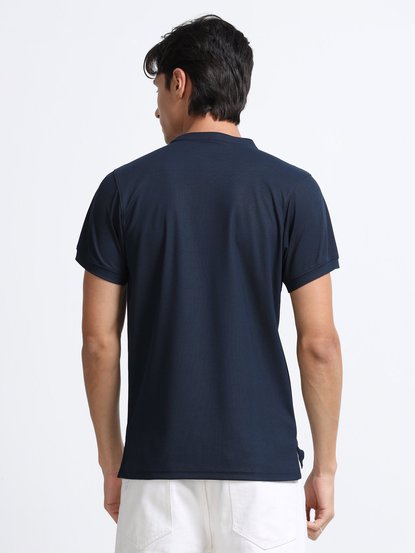 Men’s Navy Premium Mandarin Collar Polo T-Shirt – Soft Breathable Polyester, Modern Henley Style, Everyday Comfort Wear