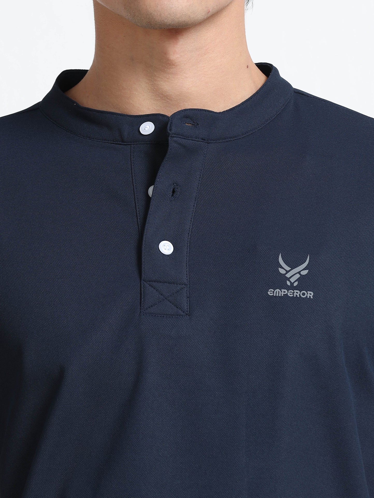 Men’s Navy Premium Mandarin Collar Polo T-Shirt – Soft Breathable Polyester, Modern Henley Style, Everyday Comfort Wear