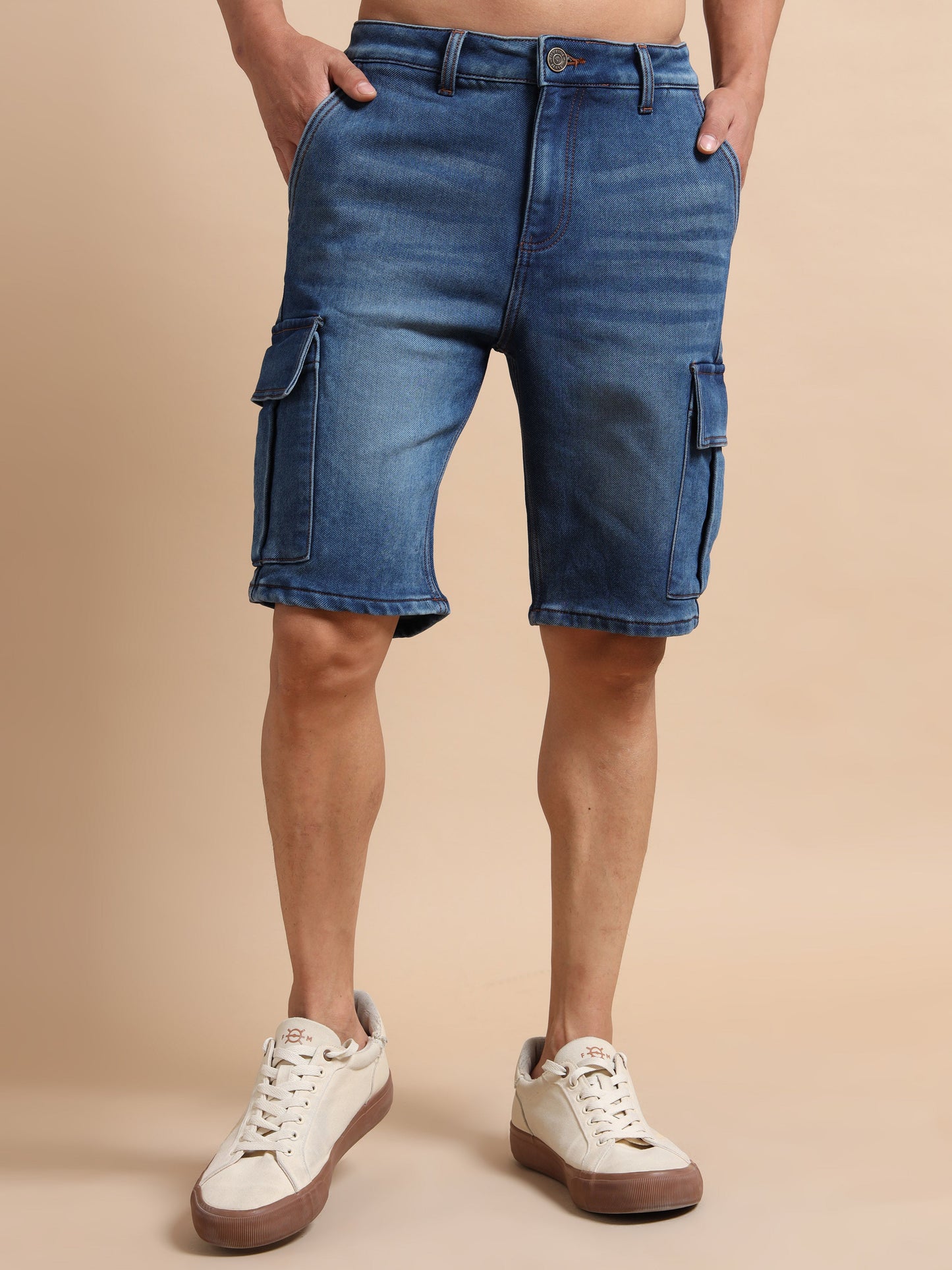 Men's Blue Cargo Denim Shorts – Knitted Dobby Lycra | Utility Edition