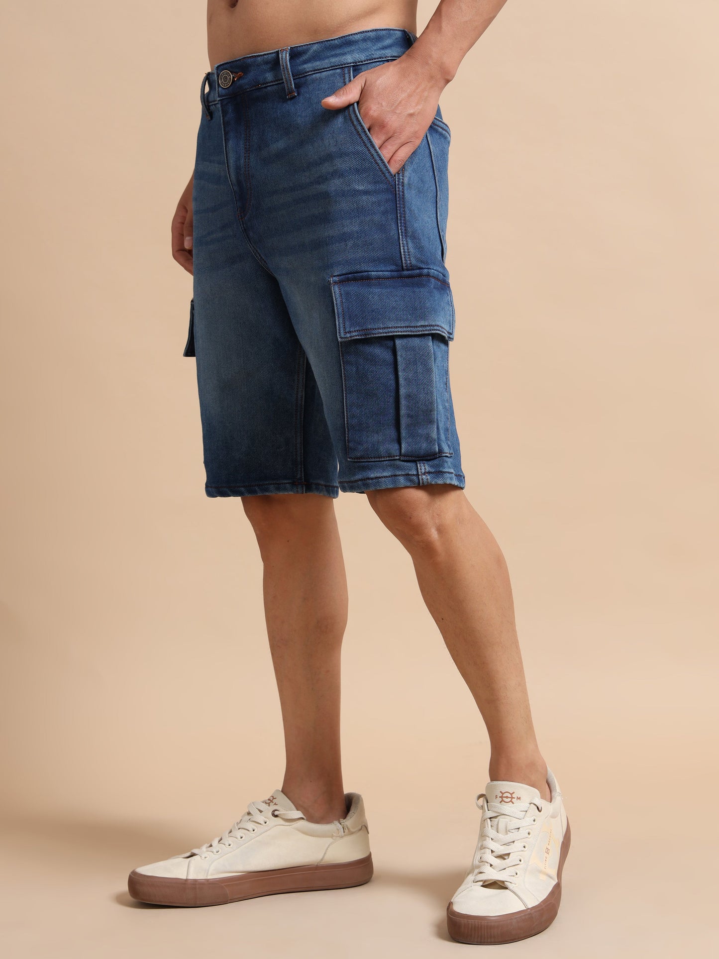 Men's Blue Cargo Denim Shorts – Knitted Dobby Lycra | Utility Edition