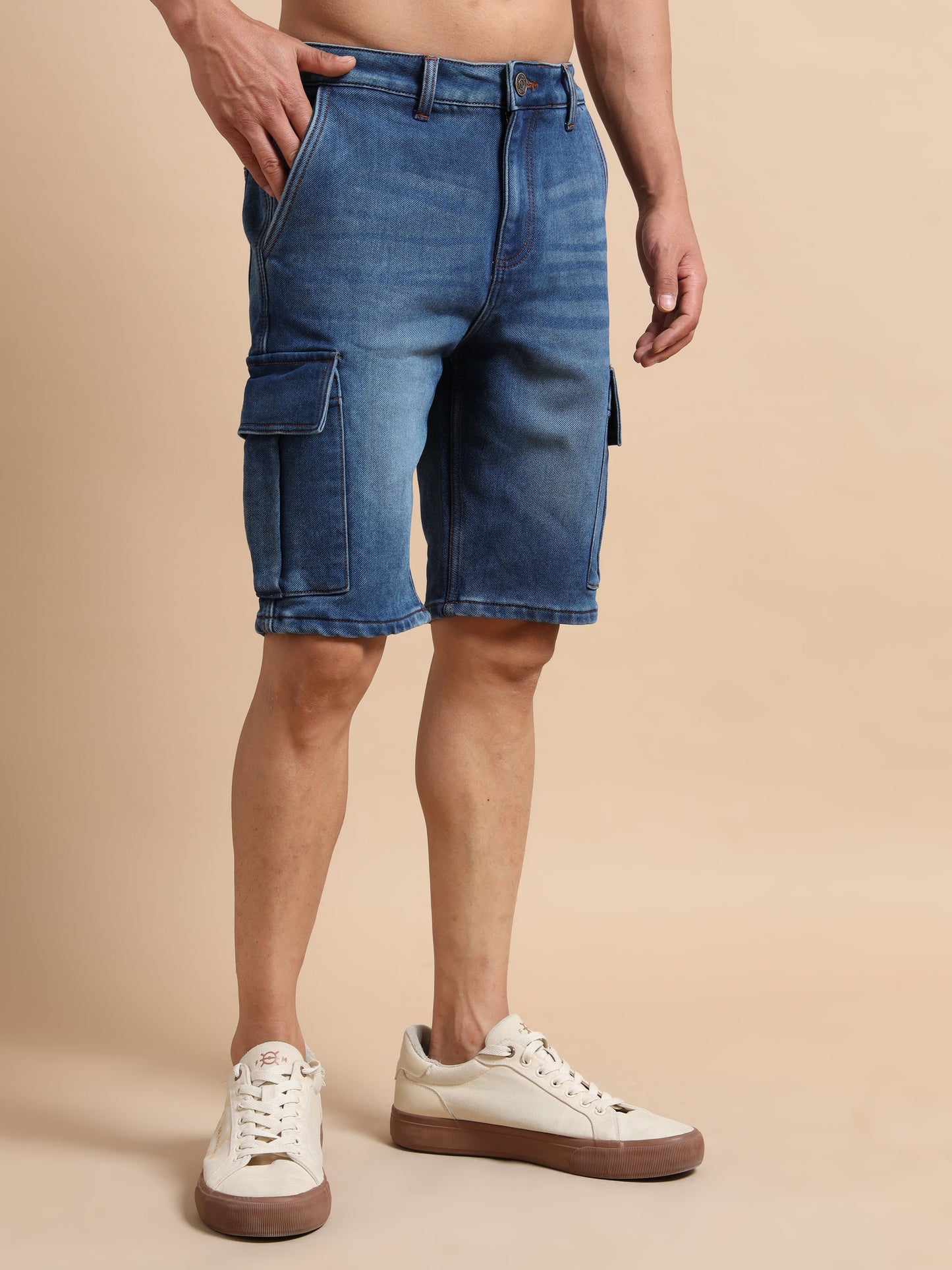 Men's Blue Cargo Denim Shorts – Knitted Dobby Lycra | Utility Edition