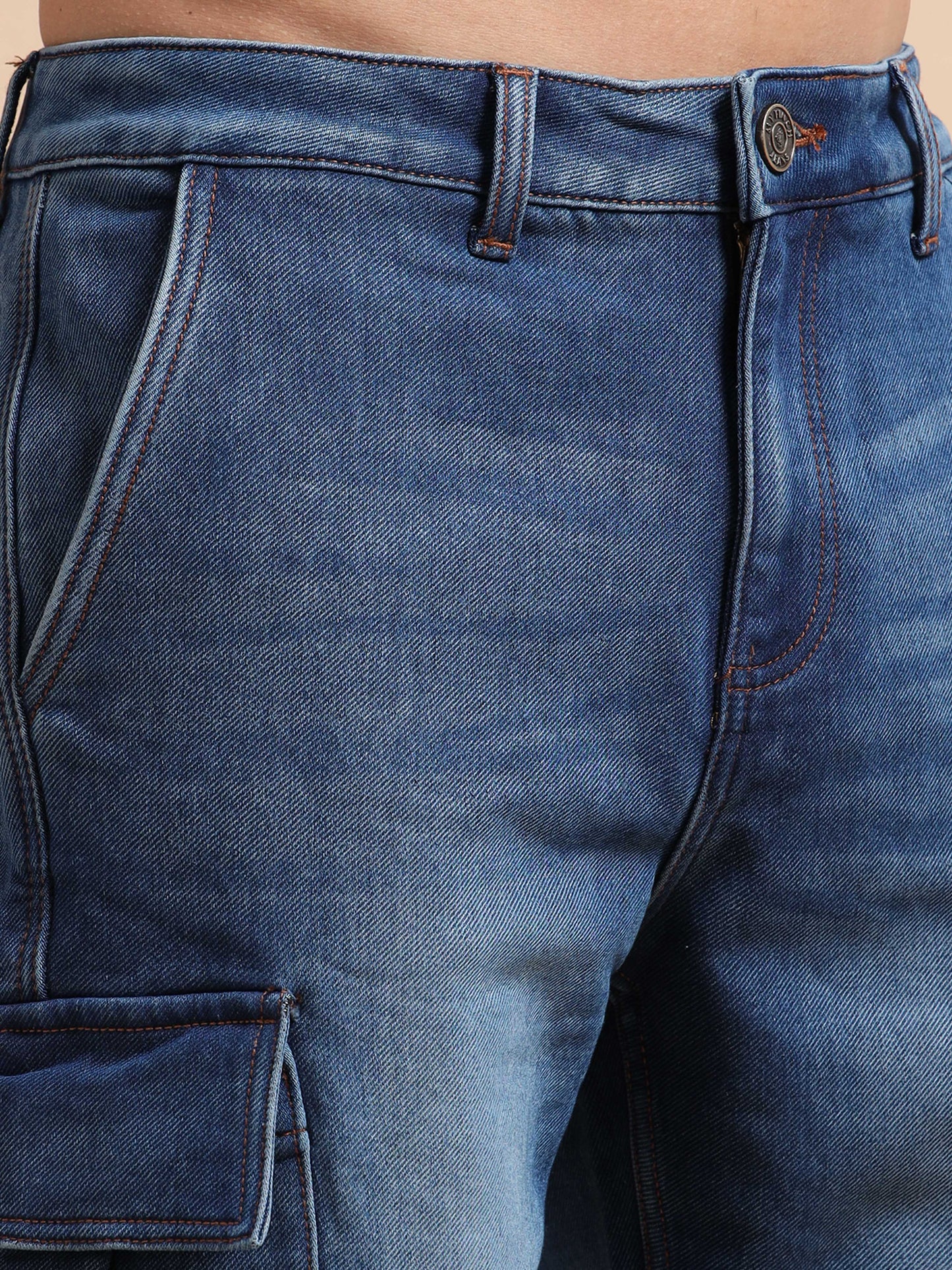 Plus Size Men's Blue Denim Shorts – Knitted Dobby Lycra Comfort Fit
