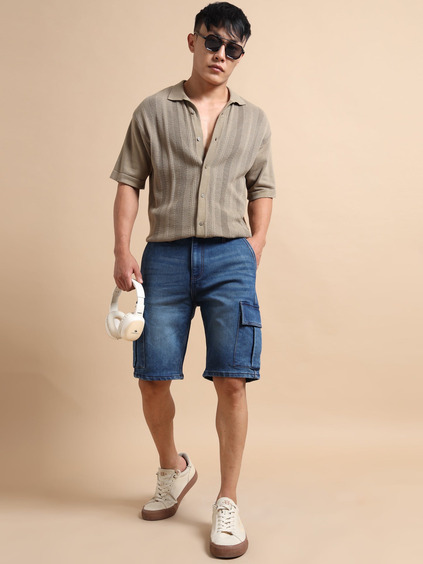 Men's Blue Cargo Denim Shorts – Knitted Dobby Lycra | Utility Edition