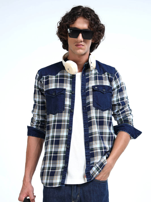 Men’s Indigo Denim Utility Shirt with Plaid Contrast Sleeves