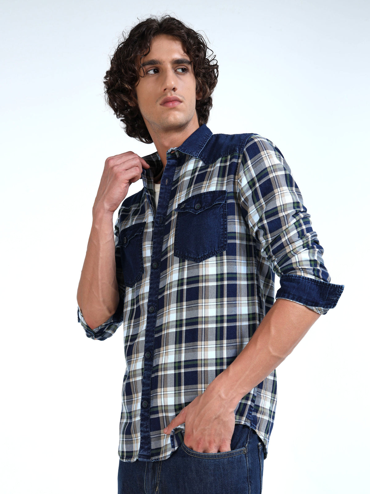 Men’s Indigo Denim Hooded Utility Shirt with Plaid Contrast Sleeves