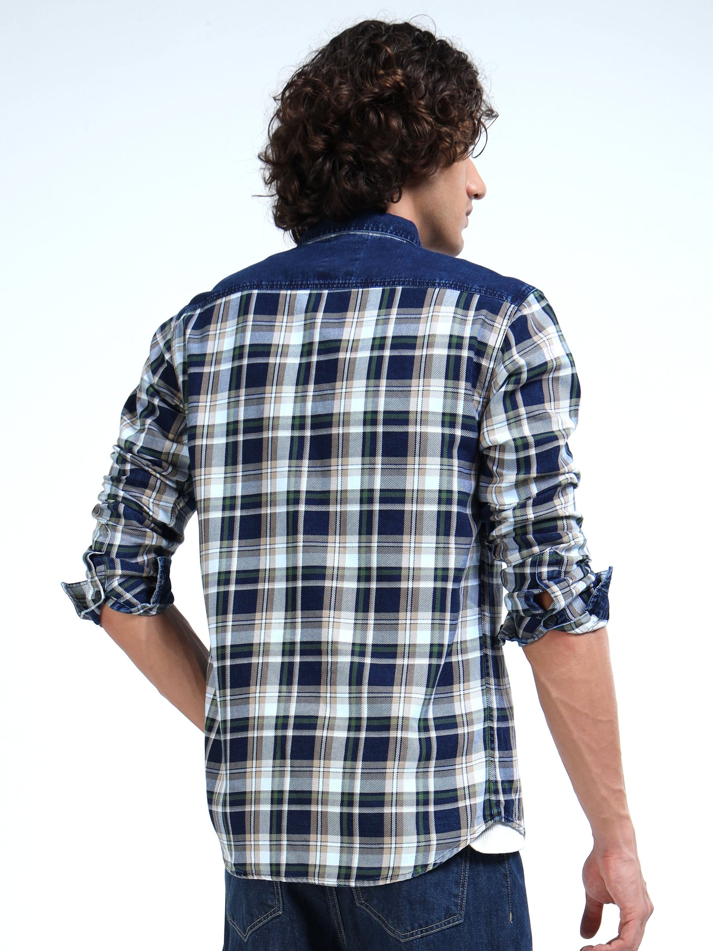 Men’s Indigo Denim Hooded Utility Shirt with Plaid Contrast Sleeves