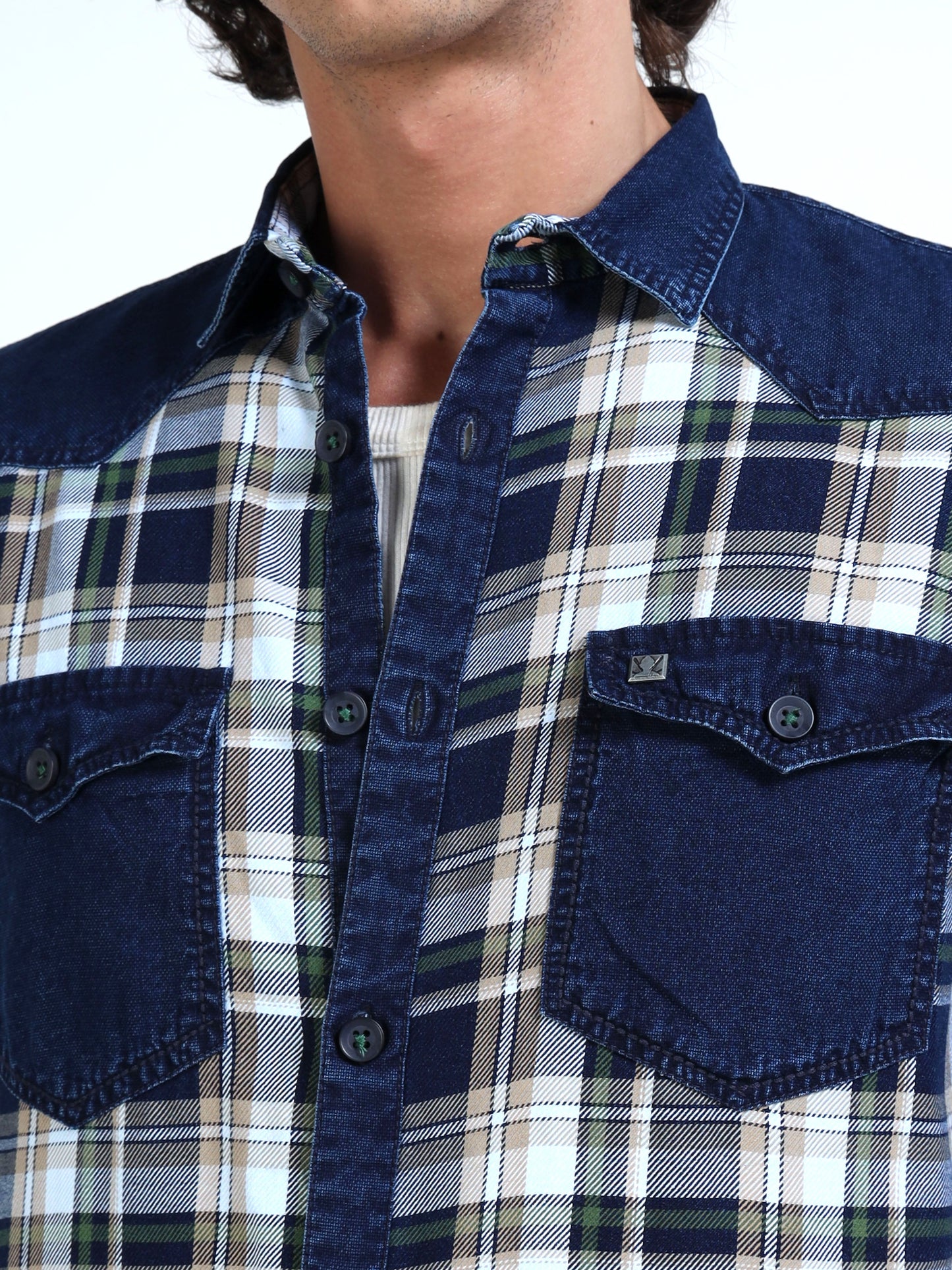 Men’s Indigo Denim Hooded Utility Shirt with Plaid Contrast Sleeves