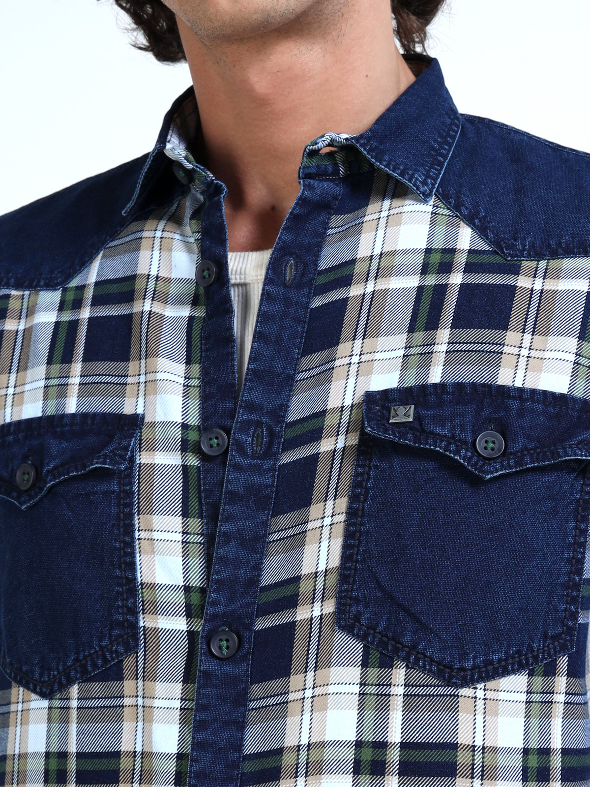 Men’s Indigo Denim Hooded Utility Shirt with Plaid Contrast Sleeves