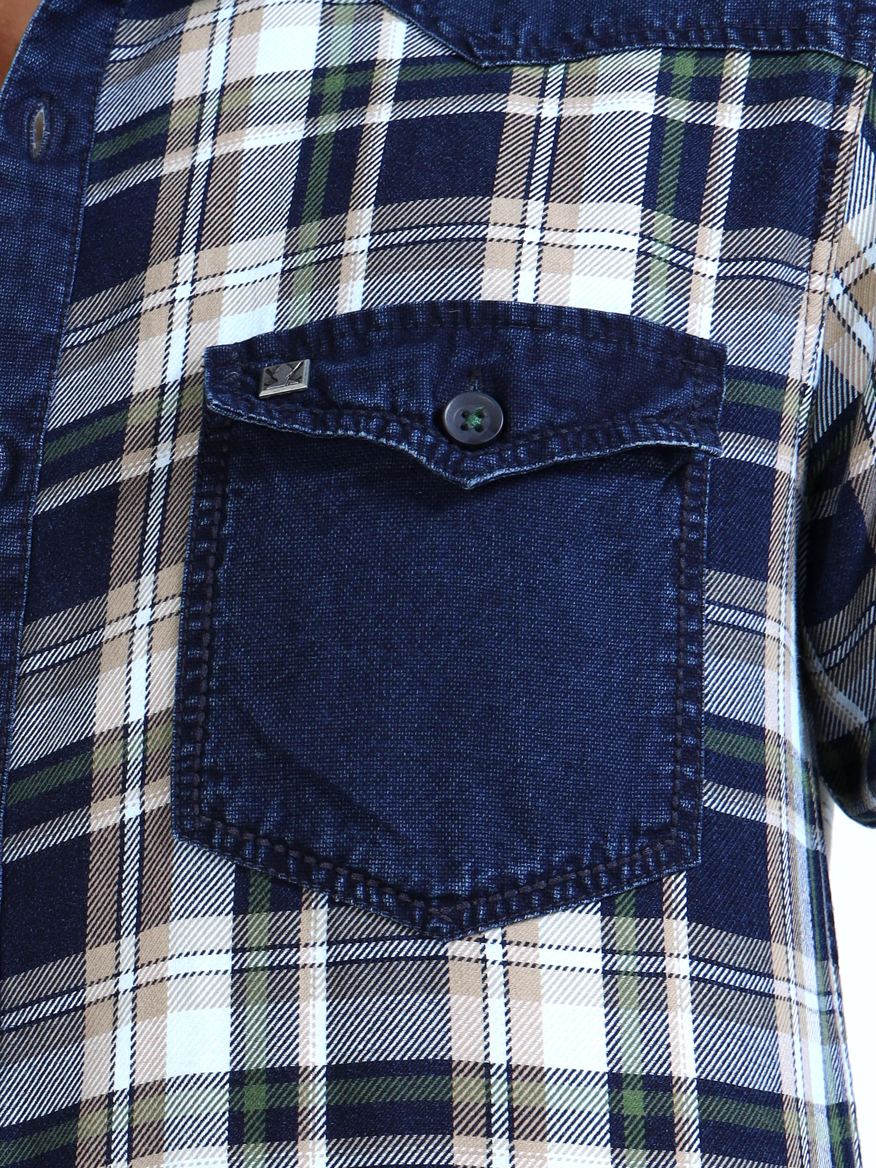 Men’s Indigo Denim Hooded Utility Shirt with Plaid Contrast Sleeves