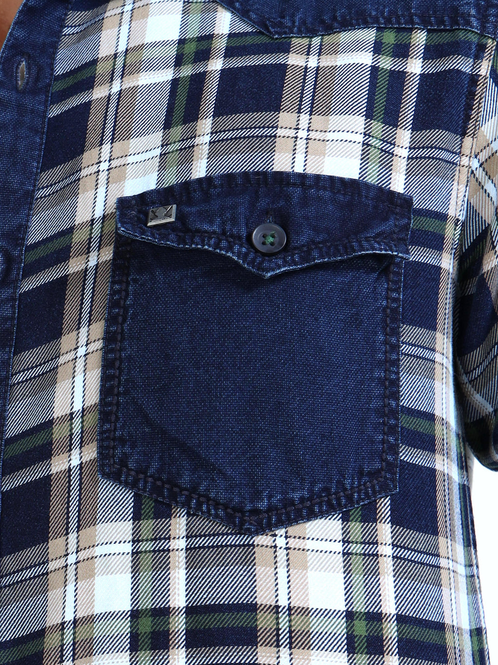 Men’s Indigo Denim Hooded Utility Shirt with Plaid Contrast Sleeves