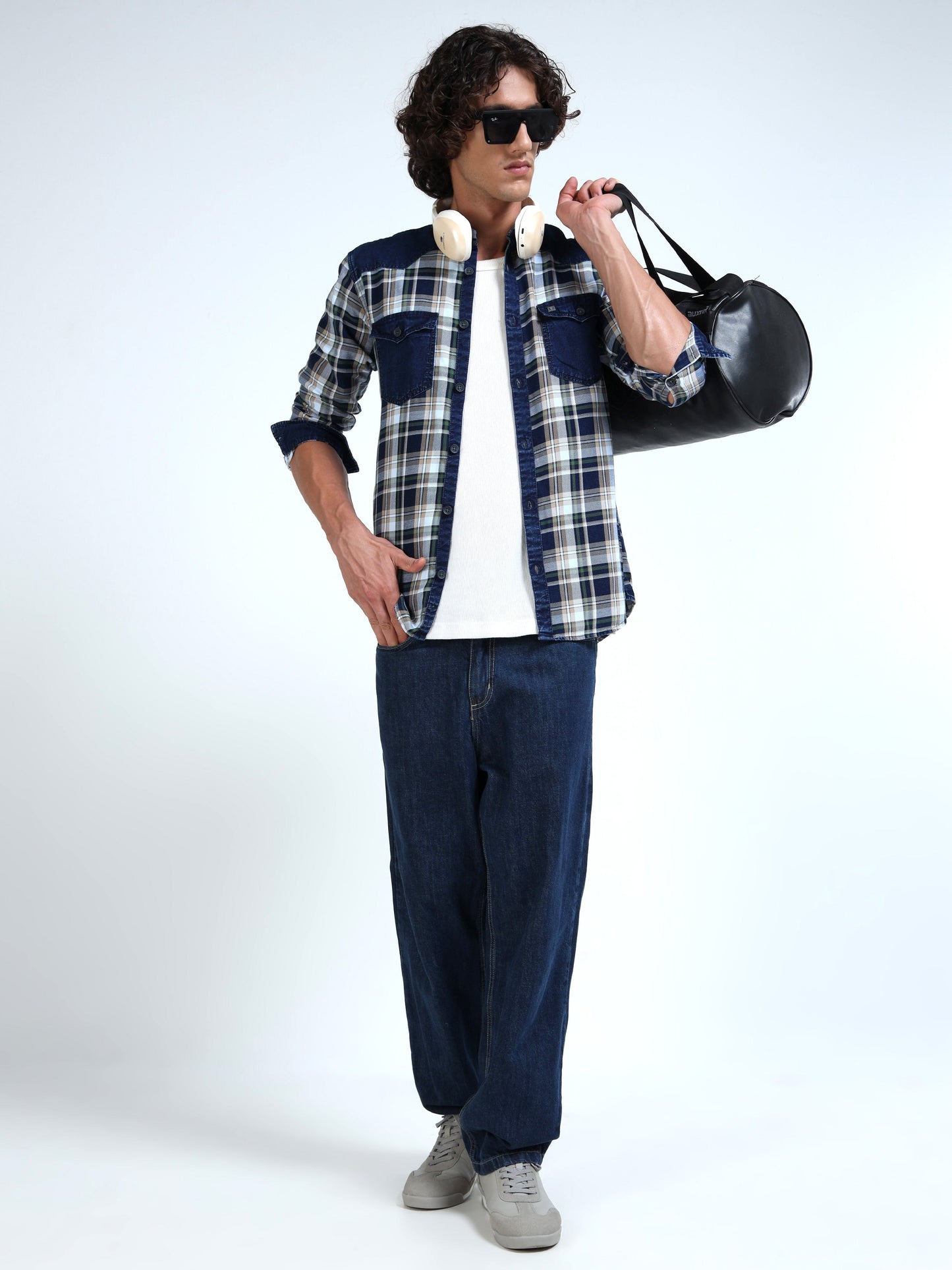 Men’s Indigo Denim Hooded Utility Shirt with Plaid Contrast Sleeves