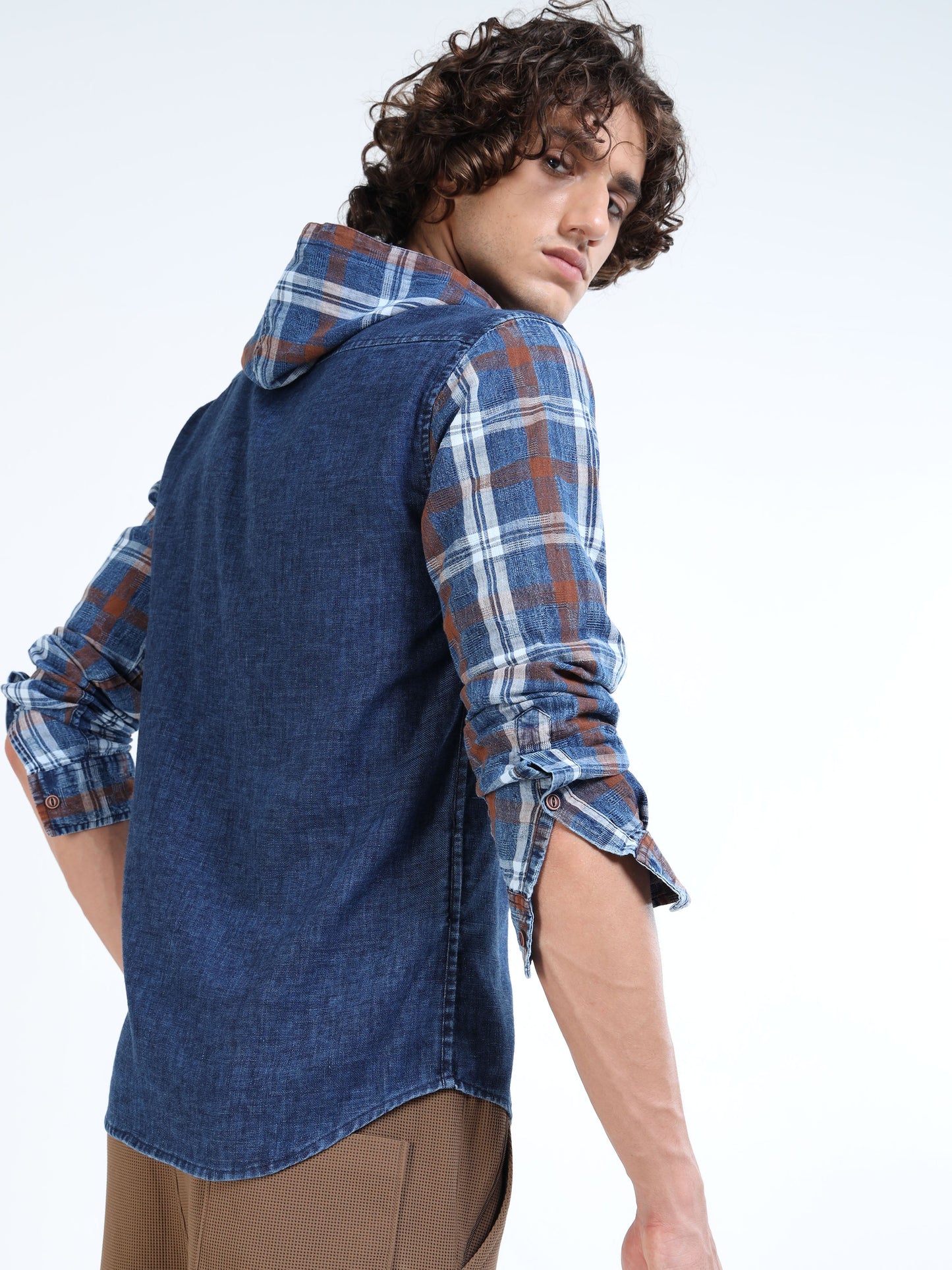 Men’s Indigo Denim Hooded Cotton Shirt with Plaid Contrast Sleeves