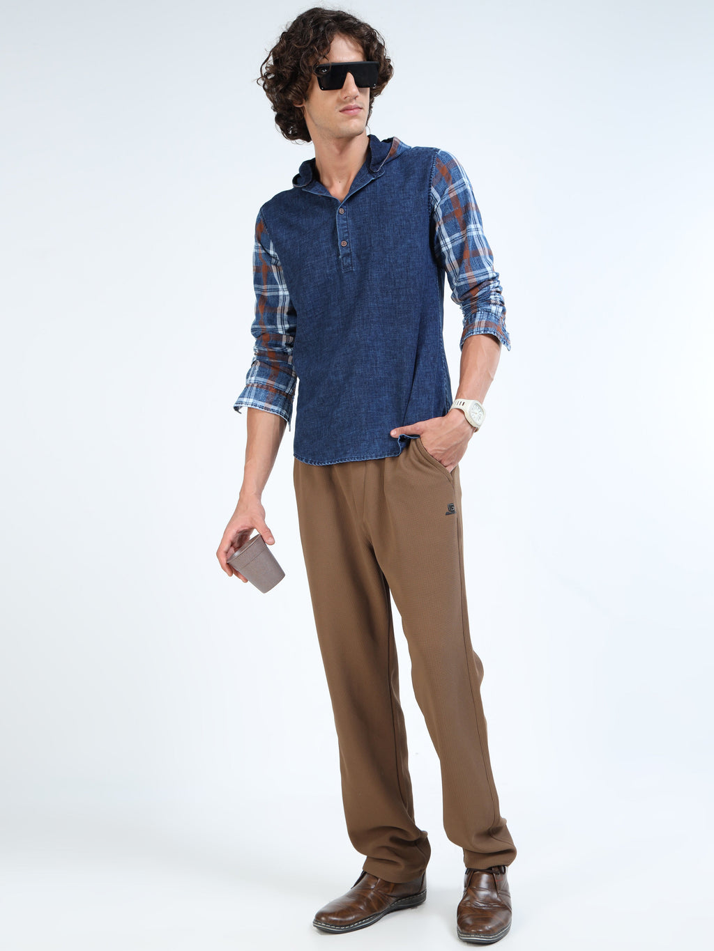 Men’s Indigo Denim Hooded Cotton Shirt with Plaid Contrast Sleeves