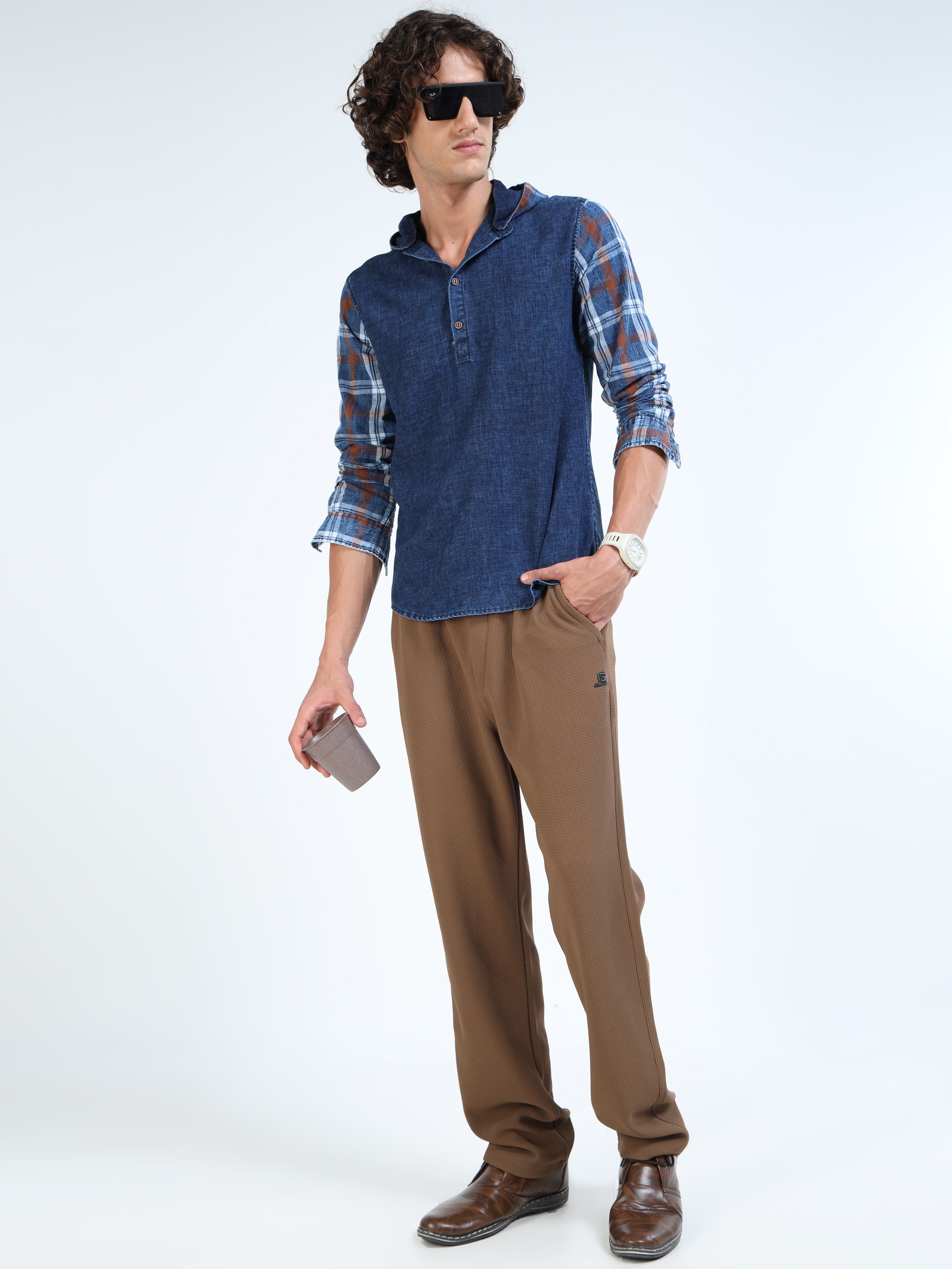 Men’s Indigo Denim Hooded Cotton Shirt with Plaid Contrast Sleeves