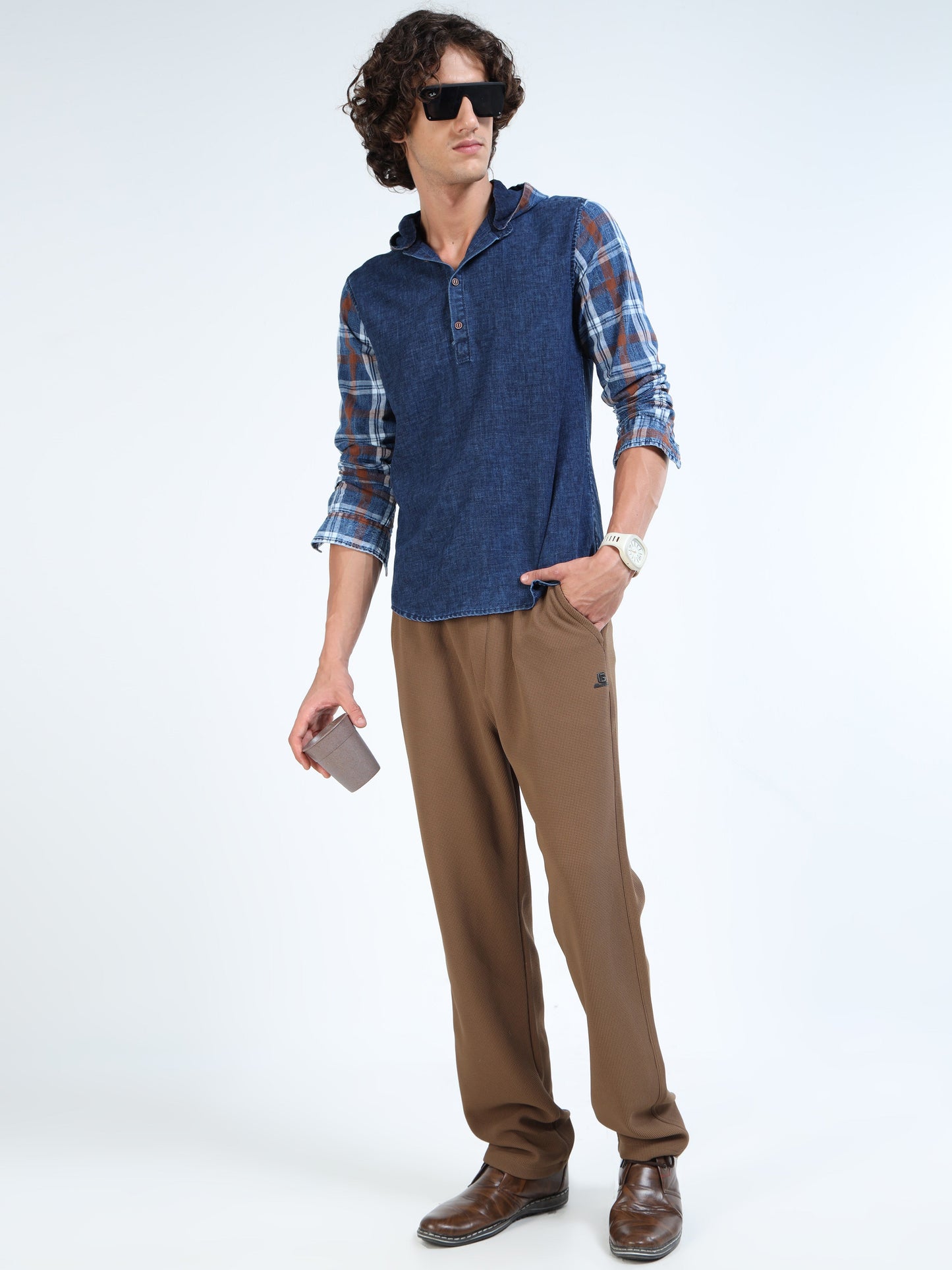 Men’s Indigo Denim Hooded Cotton Shirt with Plaid Contrast Sleeves