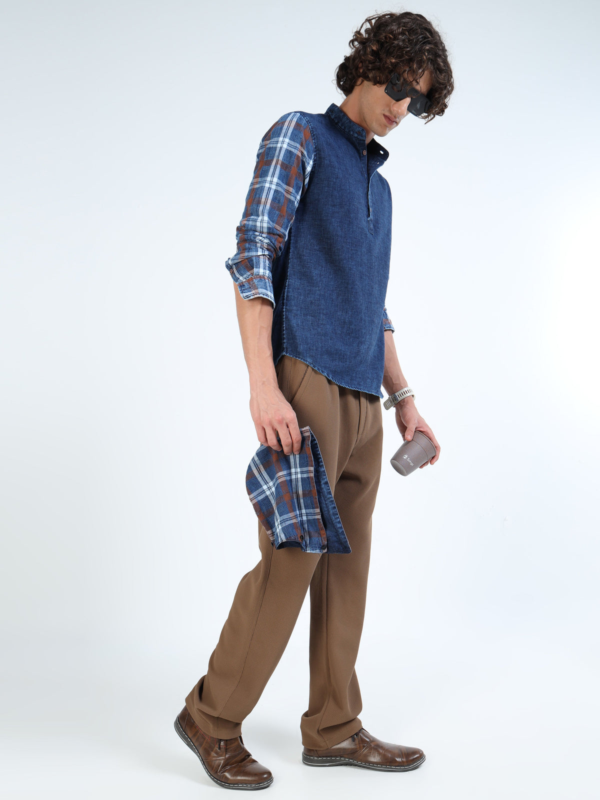 Men’s Indigo Denim Hooded Cotton Shirt with Plaid Contrast Sleeves
