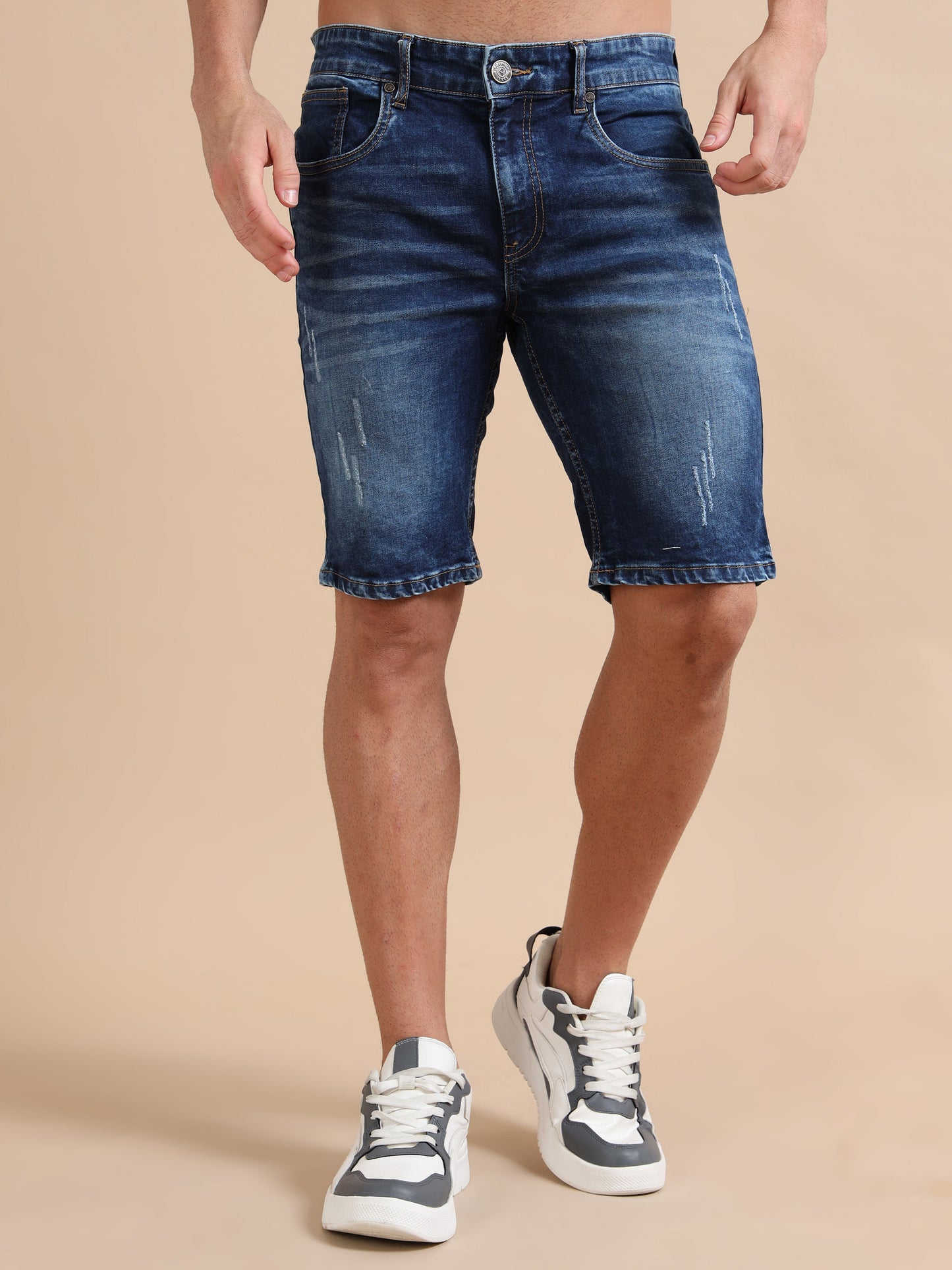 Men's Distressed Denim Shorts in Dark Wash – Knitted Dobby Lycra